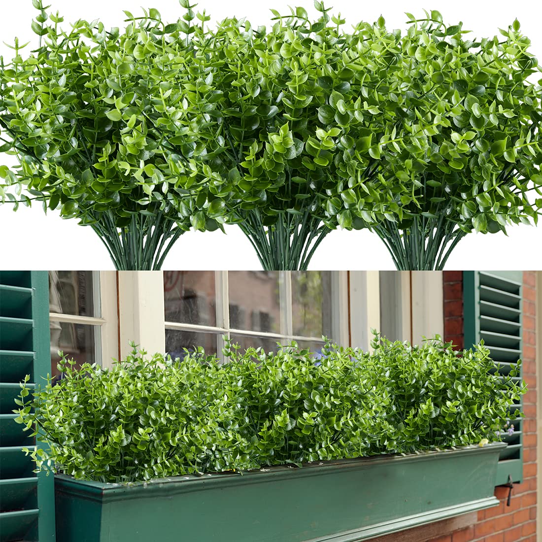 HAPLIA 20PCS Artificial Eucalyptus Plants,Fake Boxwood Shrubs UV Resistant No Fade Faux Plastic Greenery for Wedding Bridal Bouquet Indoor Outdoor Home Garden Kitchen Office Table Vase(Green)