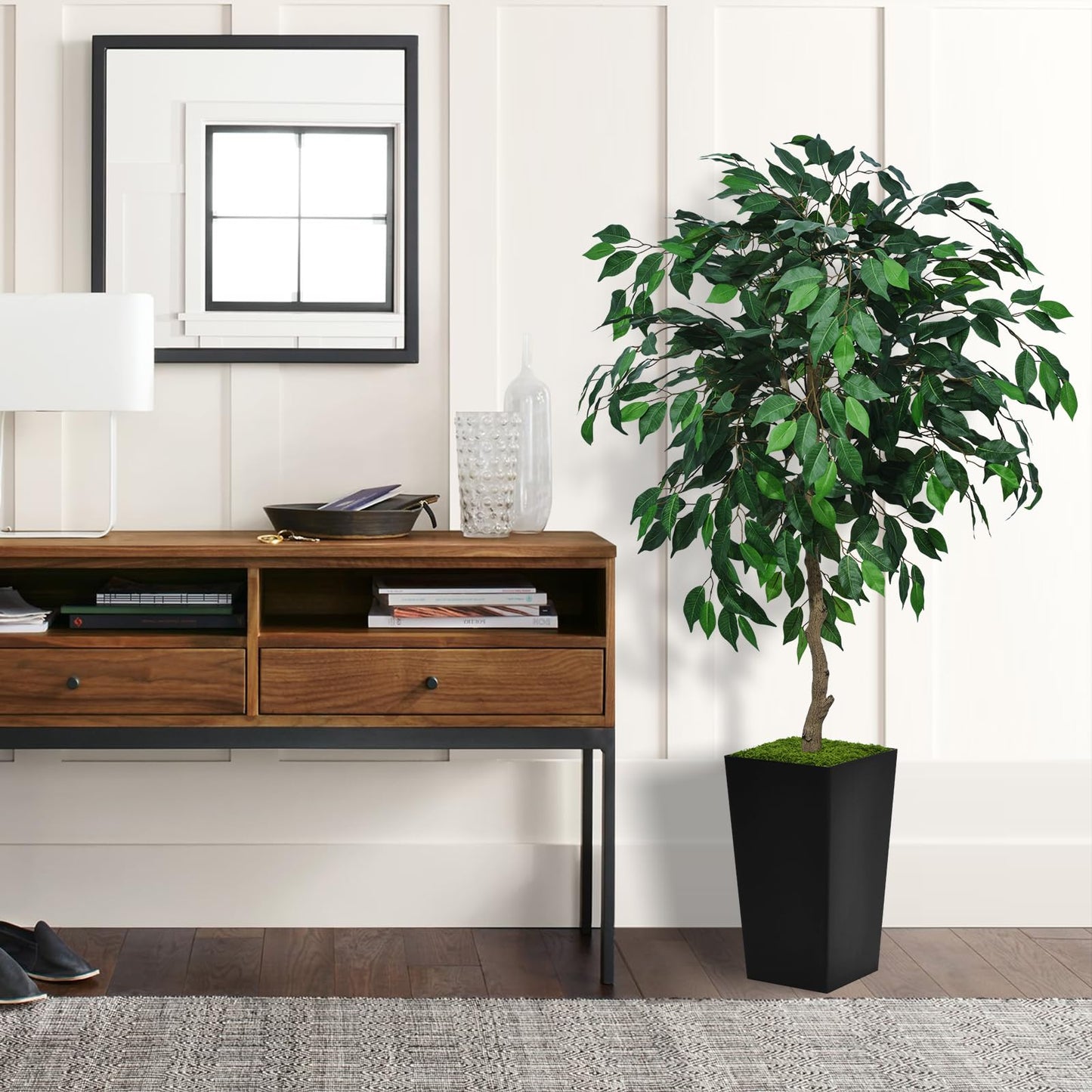 ASTIDY Artificial Ficus Tree 5FT - Faux Indoor Tree with Black Tall Planter - Fake Ficus Floor Plant in Pot - Artificial Silk Tree for Home Office Living Room Decor Indoor