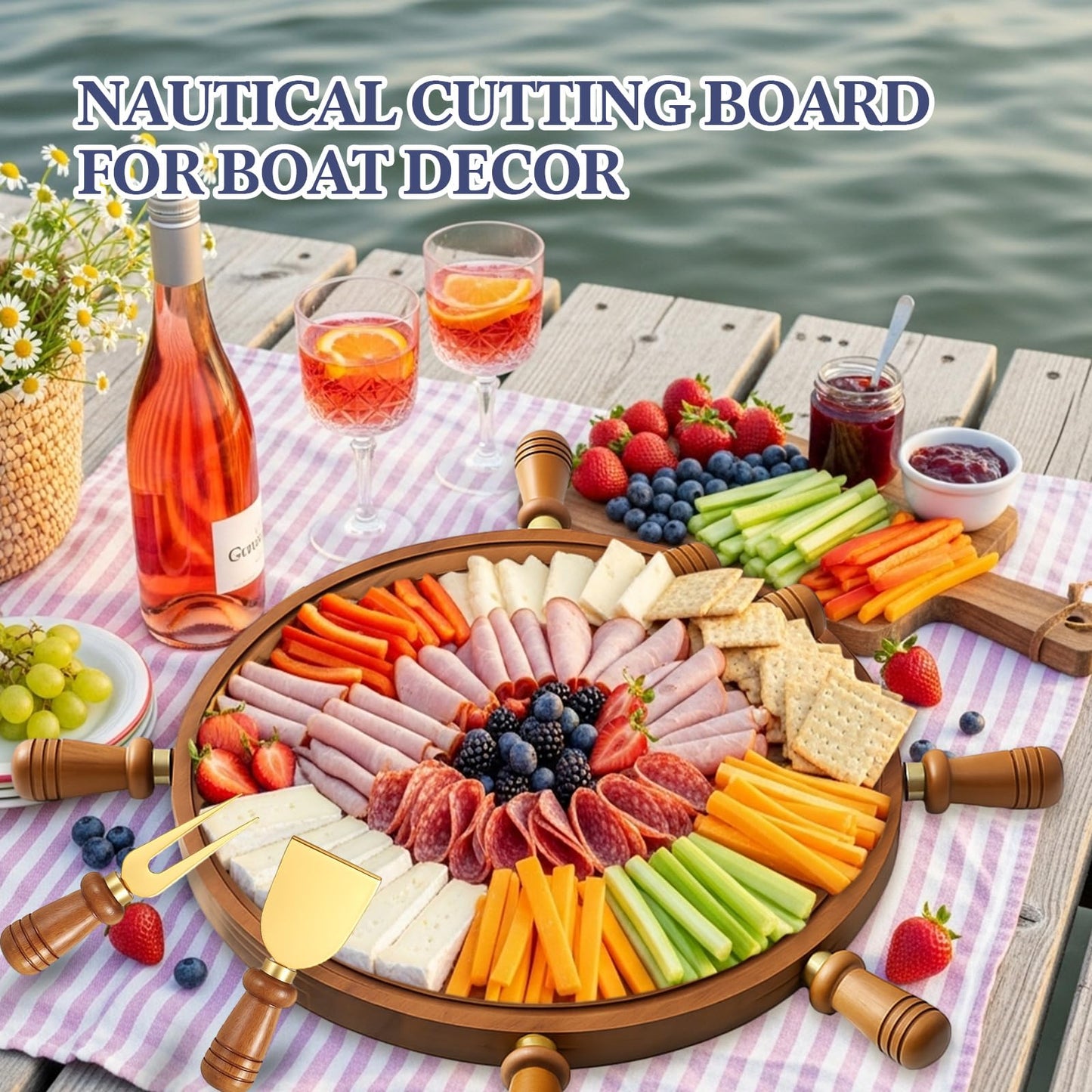 Ziliny Rudder Shaped Charcuterie Board Set Cutting and Cheese Board Wooden Platter with Knives and Forks Serving Trays Gift for Christmas Kitchen Food Fruit(Acacia)
