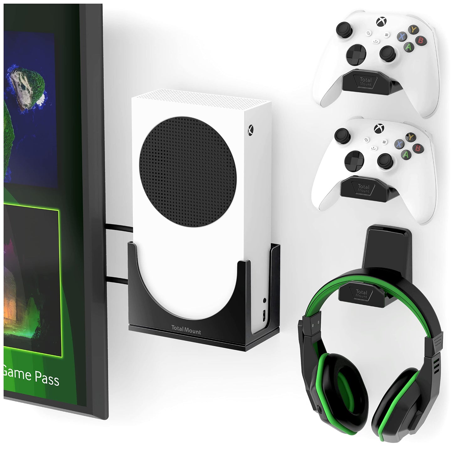 TotalMount – Wall Mount for Xbox Series S – Holds Xbox Series S on a Wall by Your TV (Black Mount and 3 Controller Holders)