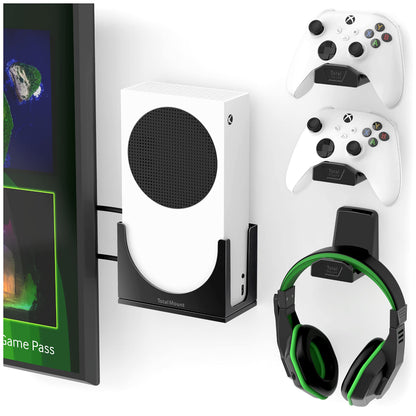 TotalMount – Wall Mount for Xbox Series S – Holds Xbox Series S on a Wall by Your TV (Black Mount and 3 Controller Holders)