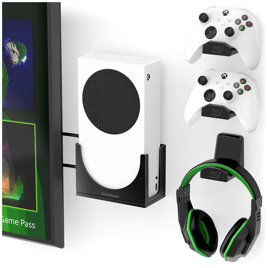 TotalMount – Wall Mount for Xbox Series S – Holds Xbox Series S on a Wall by Your TV (Black Mount and 3 Controller Holders)