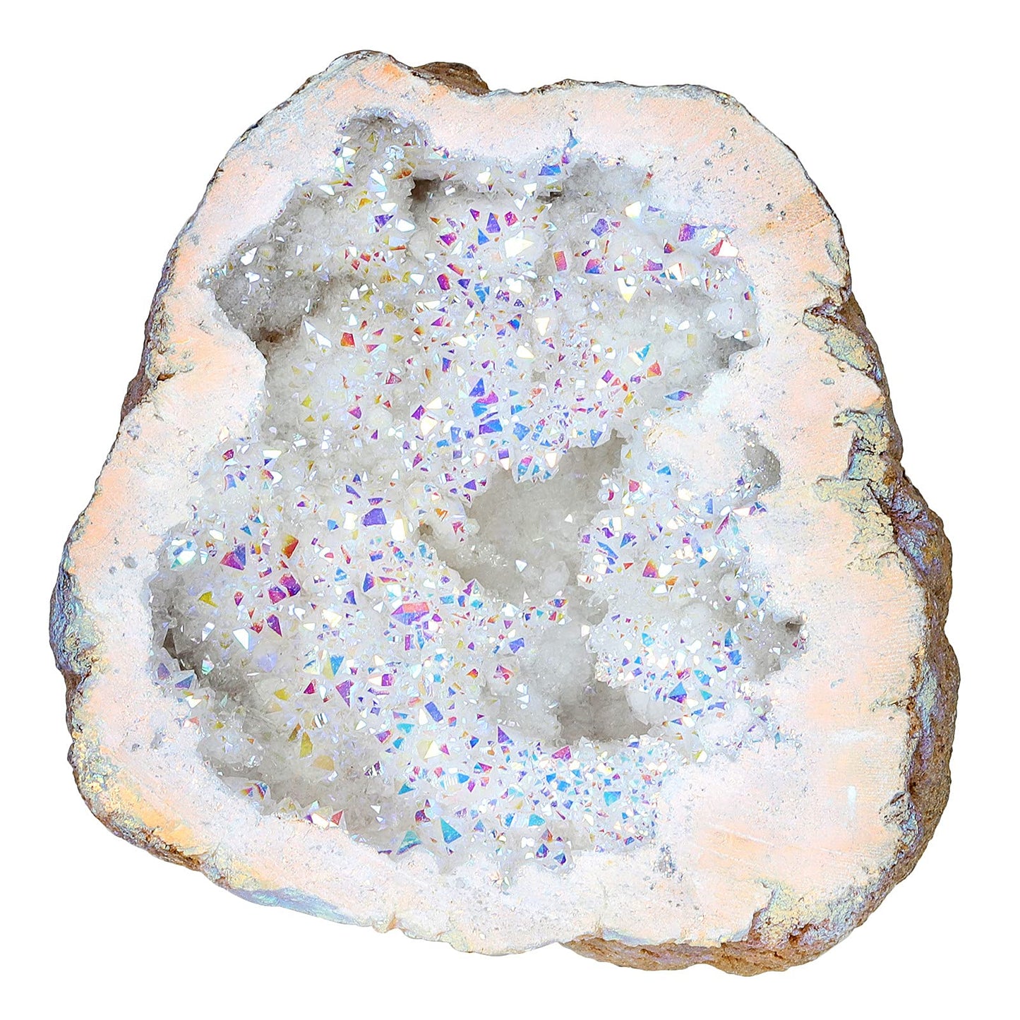 Rockcloud Titanium Coated Crystal Geode Mineral Specimen Irregular Reiki Crystal Stone for Home Office Decoration, White AB Crystal