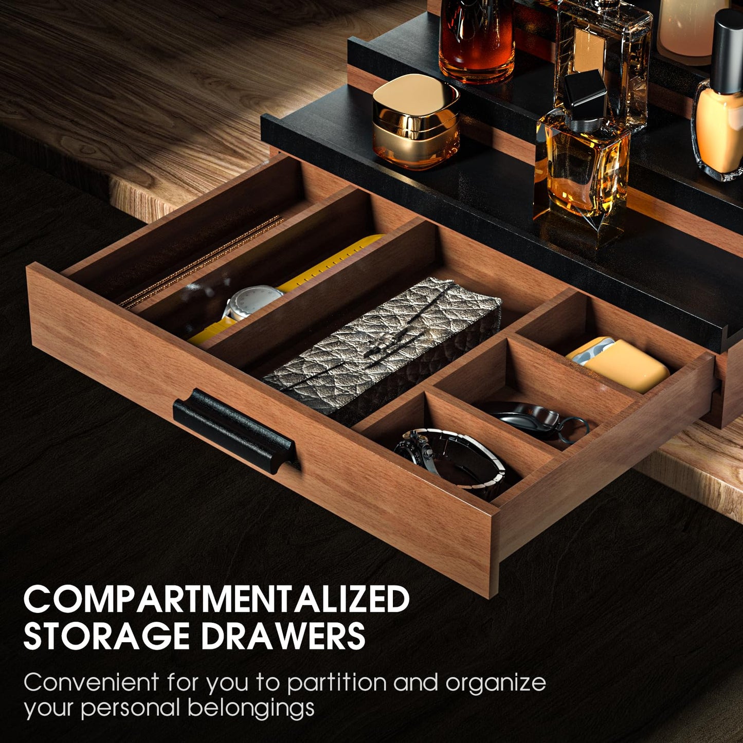 Sephyroth Cologne Organizer for Men 4 Tier of Elevated Cologne Display Shelf with Drawer Storage Perfume Organization and Storage Display Risers,Great Gift for Man(4Tier-WalnutBalck)