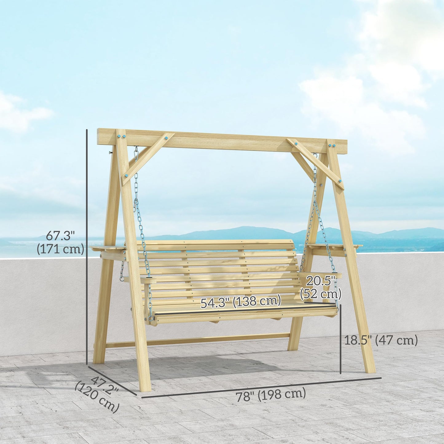 Outsunny 3 Seat Porch Swing with Stand, Wooden Patio Swing Chair with Side Tables and Metal Chains, Outdoor Swing Bench for Garden, Poolside, Backyard, Natural Wood