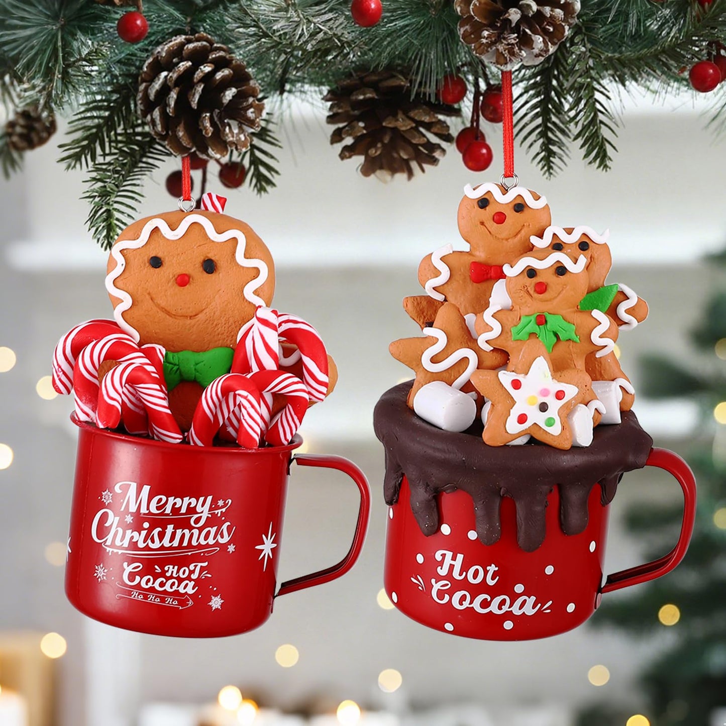 Cute Christmas Gingerbread Hanging Ornaments,2Pcs Mini Red Hot Cocoa Mugs with Handmade Clay Gingerbread Man Cookies,Chocolate,Marshmallows,Candy Canes for Winter Holiday Party Xmas Tree Decorations