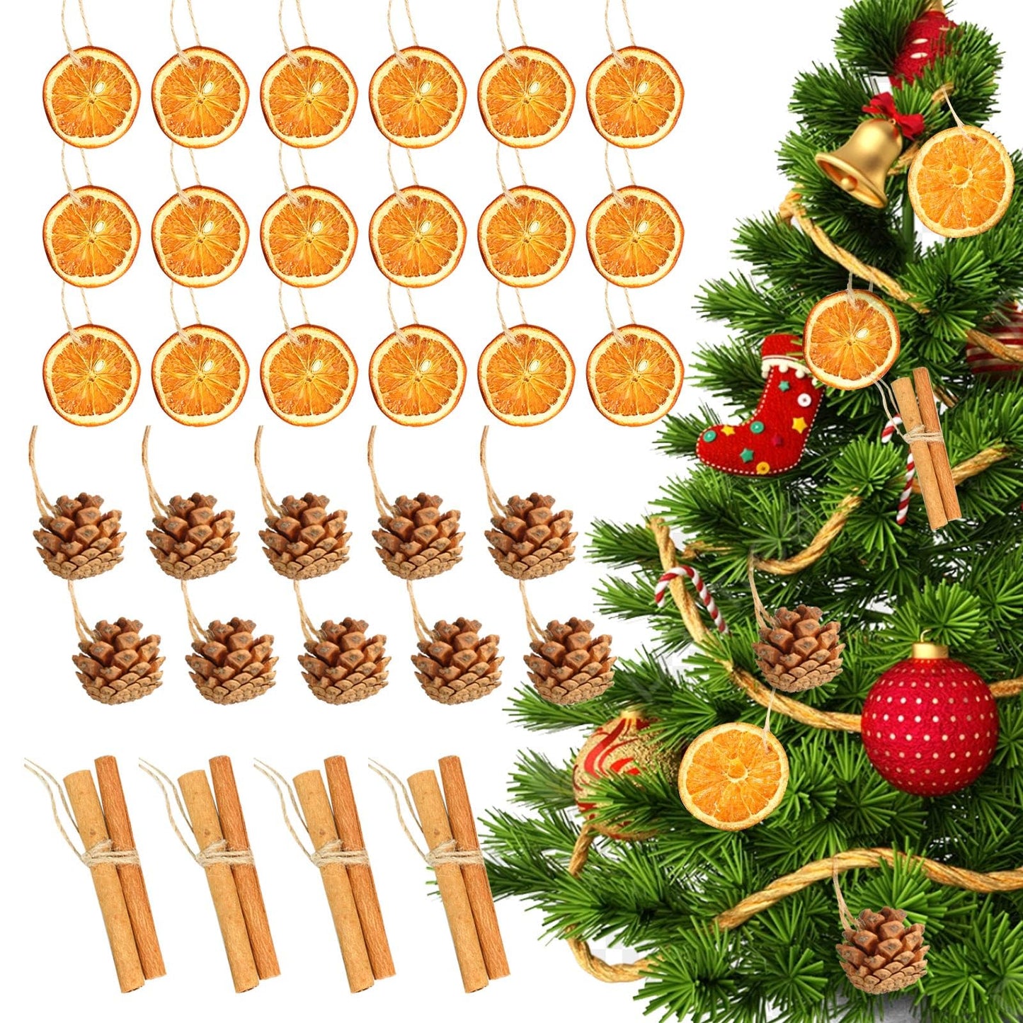 31 Pcs Christmas Ornaments Set, Natural Dried Orange Slices, Cinnamon Sticks and Pinecones, Pre-Tied Jute for Xmas Tree Hanging Decor, Rustic Holiday DIY Crafts