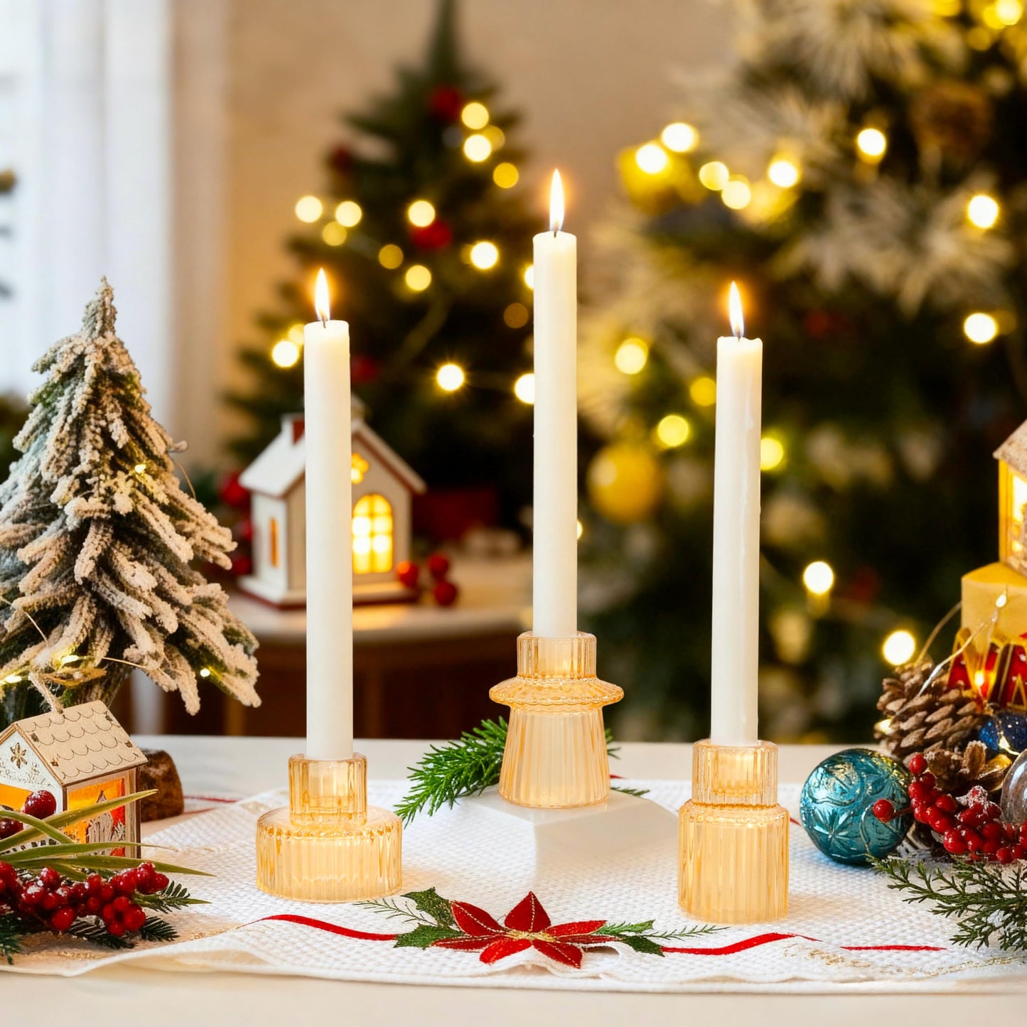 WELLIFE 3 Pcs Gold Glass Candle Holder, Taper Candle Holder, Gold Candlestick Holders for Party, Wedding Decorations, Table Centerpieces and Thanksgiving