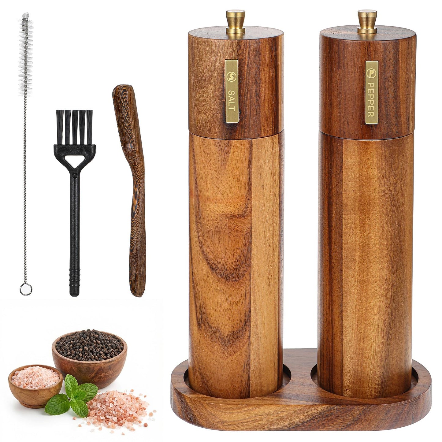 2 Pack Wooden Salt and Pepper Grinder Set,8.46 inch Adjustable Coarseness Manual Salt and Pepper Mill with Brush and Spoon,Acacia Wood Refillable Grinders for Kitchen Christmas Home Gift