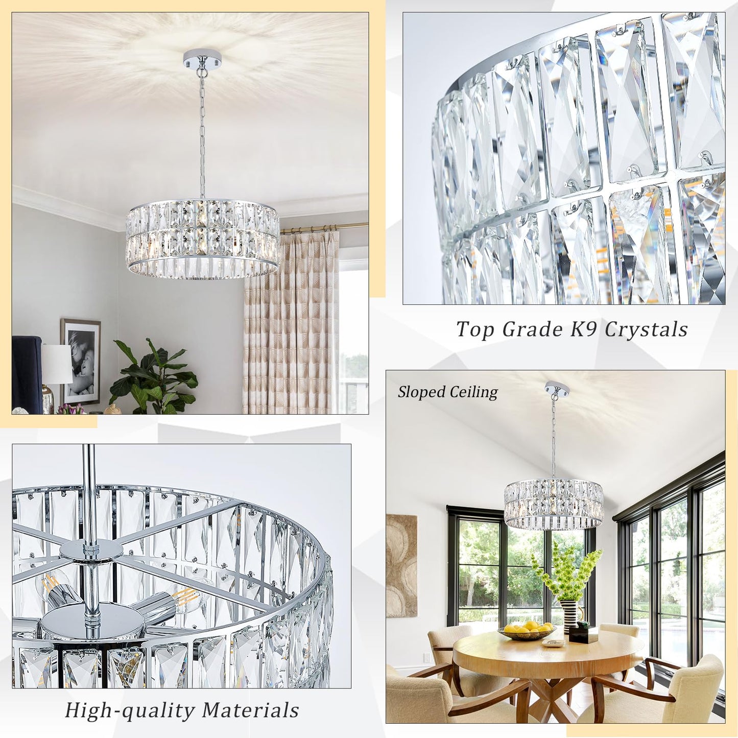 CATINER Modern Crystal Chandelier 18”Chrome Semi Flush Mount Ceiling Light Fixtures 6-Lights Drum Crystal Pendant Lighting for Dining Room Foyer Bedroom Living Room
