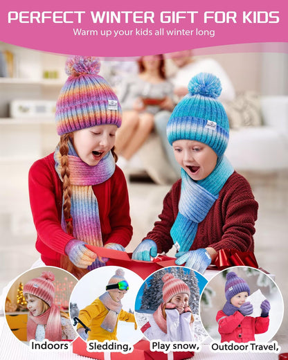 Kids Winter Beanie Gloves Scarf Set,Girls Toddler Winter Hat With Pom Neck Warmer Gaiter Mittens Fleece Lined Set Christmas Gift for Kids