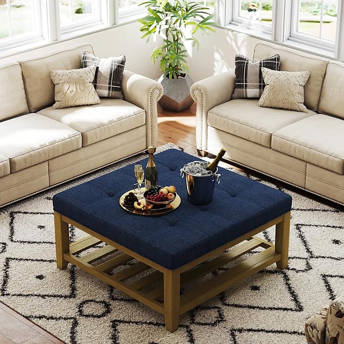 Befurtori Large Square Ottoman Coffee Table, Linen Solid Upholstered Footrest