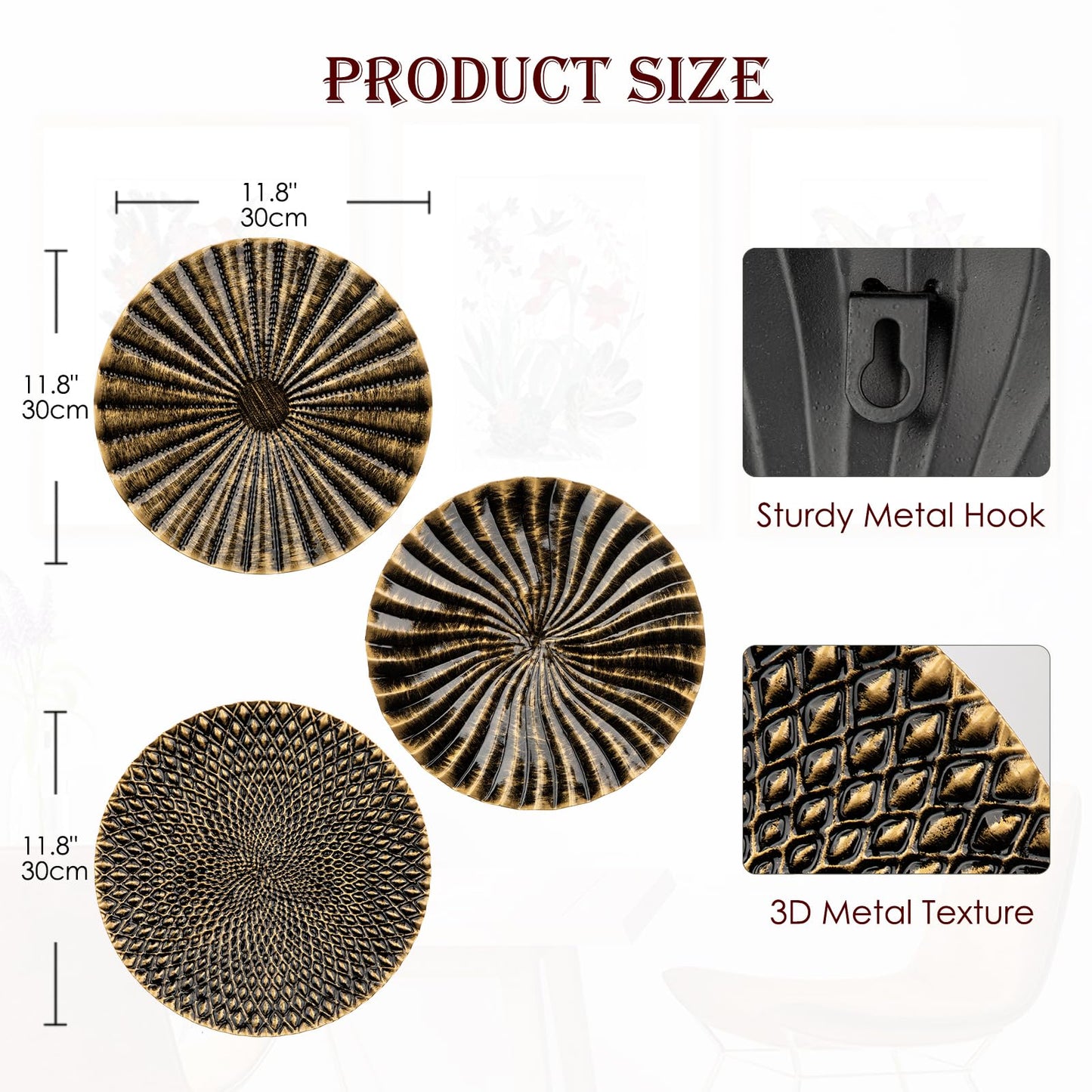 Briful 12" Wall Décor Pack of 3 Metal Gold & Black Washed Starbursts Radial Plate Wall Art Modern Accent Hanging Wall Decorations For Home Office Bedroom Or Living Room Wall Sculptures