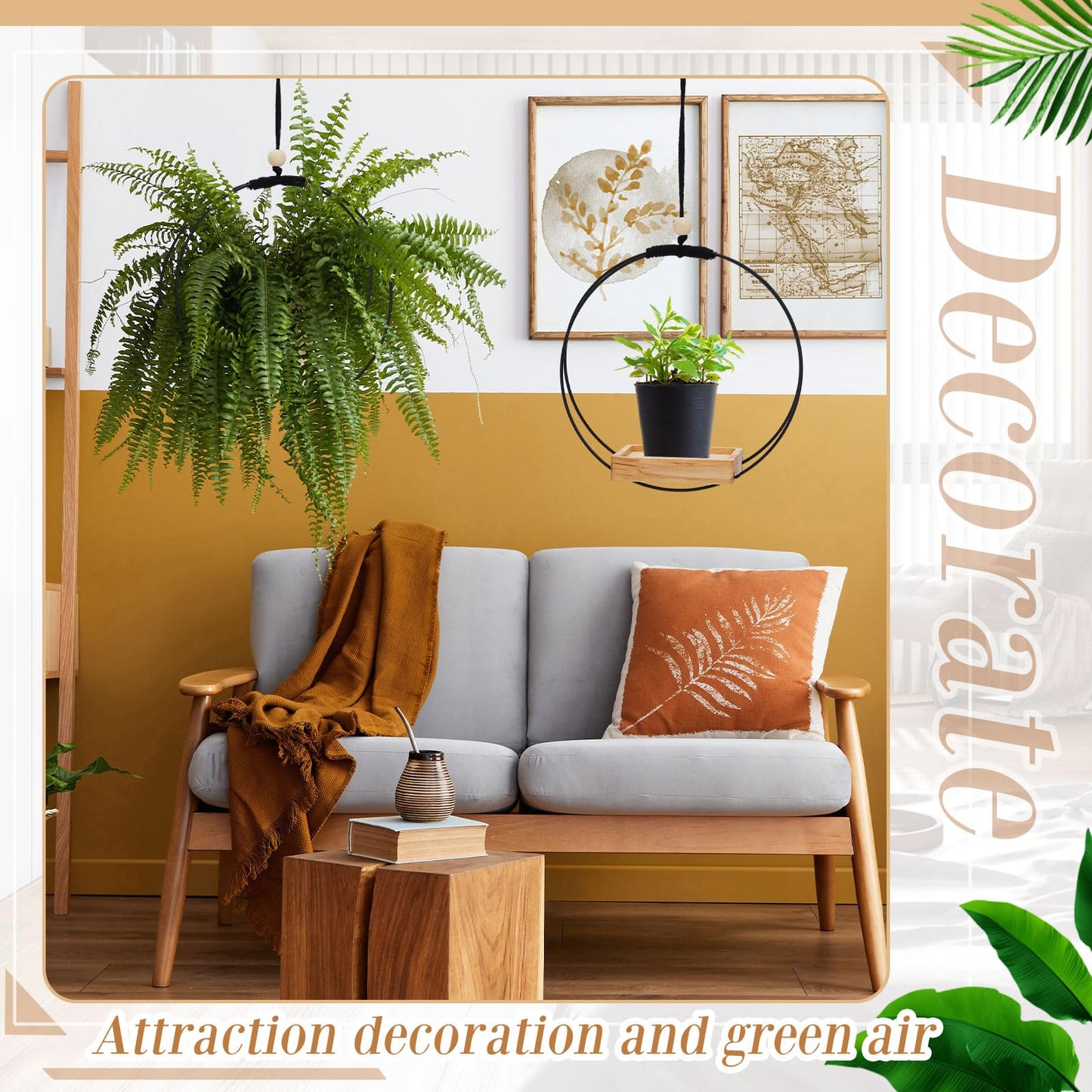 Geelin 2 Pack Plant Hanger with Wood Base Hanging Window Planter Boho Macrame Hanging Plant Holders for Window Indoor Outdoor Room Ceiling Home Decorations(Black)