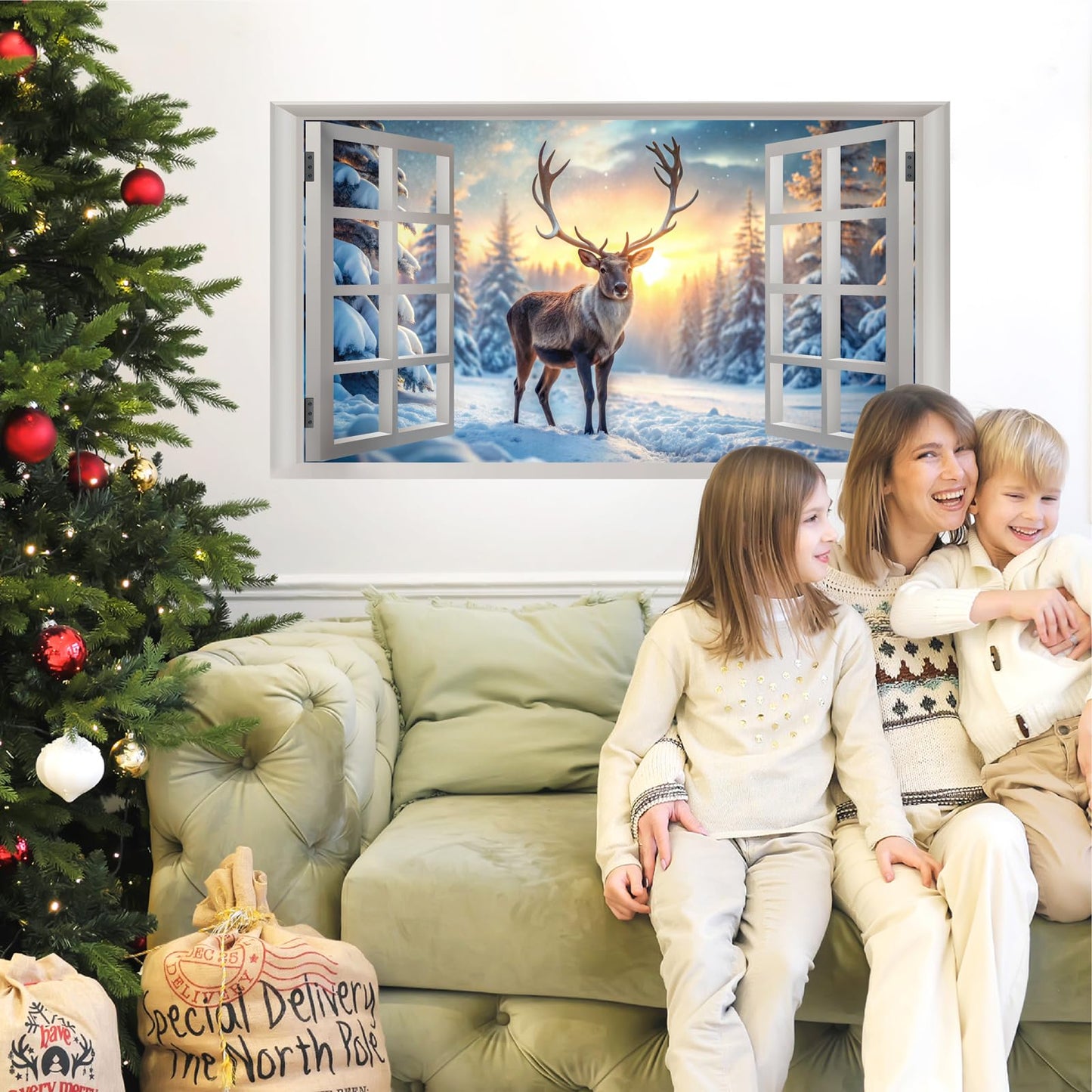 Winter Wall Stickers 3D Fake Windows Wall Stickers Christmas Wall Decals Peel and Stick Forest Wall Sticker Snowy Landscape Walls Decals Winter Pine Tree Art Murals for Living Room Bedroom Decor
