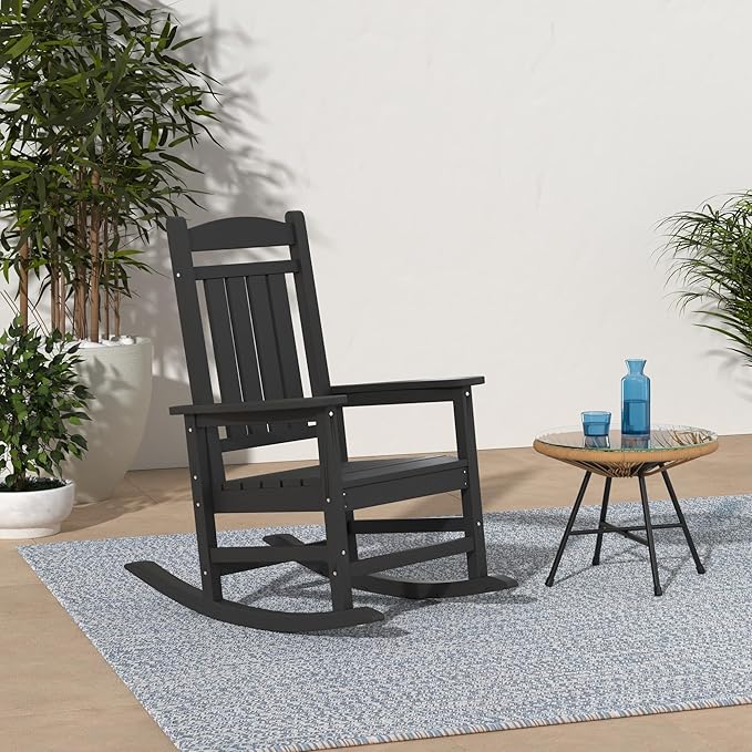 KINGYES Outdoor Rocking Chair Set of 4, High Density Polyethylene Patio Rocking Chairs with 330lbs Support for Adults, Black