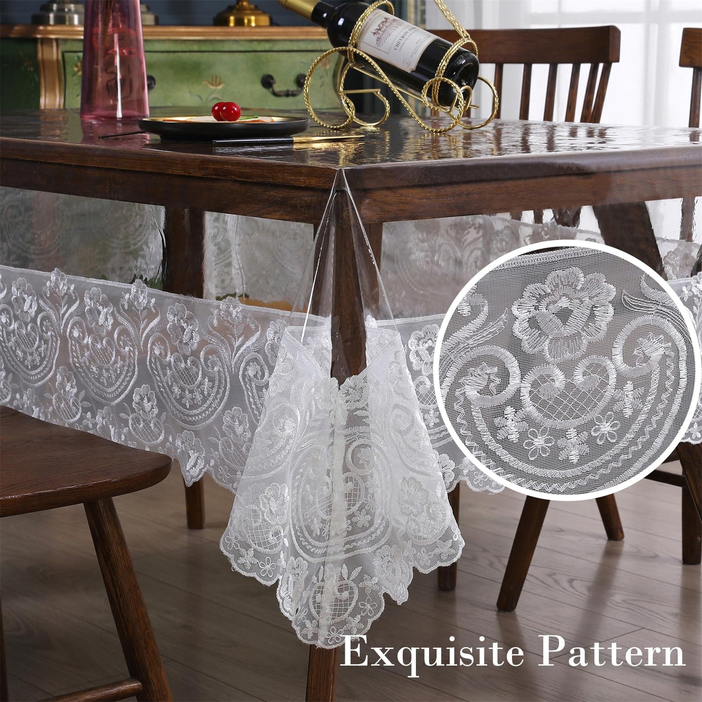 Rakila Clear Plastic Rectangle Tablecloth Vinyl Waterproof Table Cloth Embroidered Lace Edge Transparent Table Cover for Dining Kitchen Outdoor(60 x 106 inch, White)