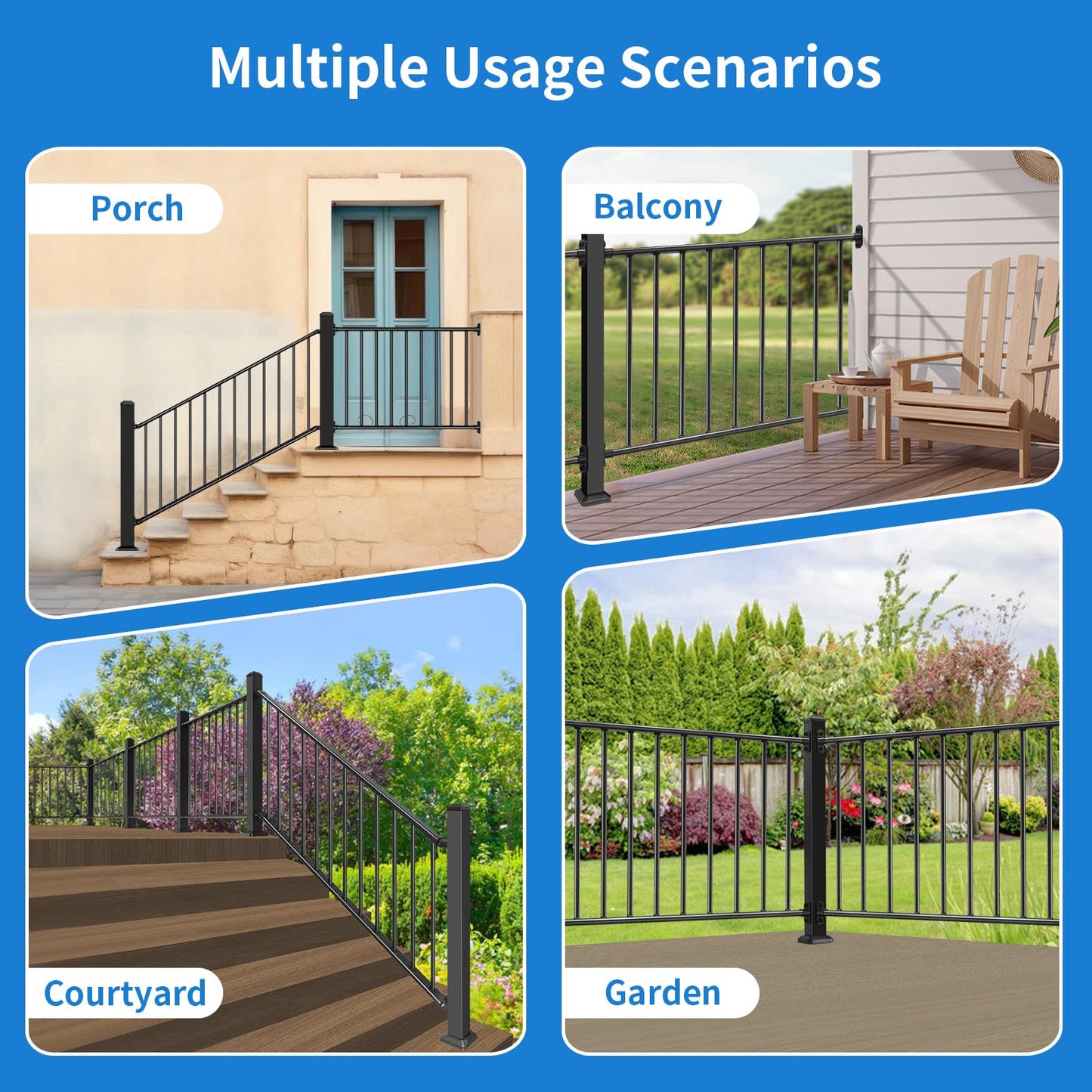 Bobolish 36+2" H x 4 ft. W Aluminum Porch & Stair Railing System, Upgrade Guardrail Kit with Textured Black AAMA 2604 Powder-Coat Finish for Outdoor Decks, Porches & Balconies (1 Panel)