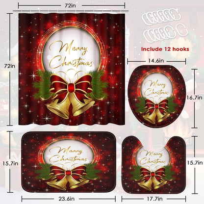 ArtSocket 4 Pcs Shower Curtain Set Christmas Bells Bow Snowflakes Red with Non-Slip Rugs Toilet Lid Cover and Bath Mat Bathroom Decor Set 72" x 72"