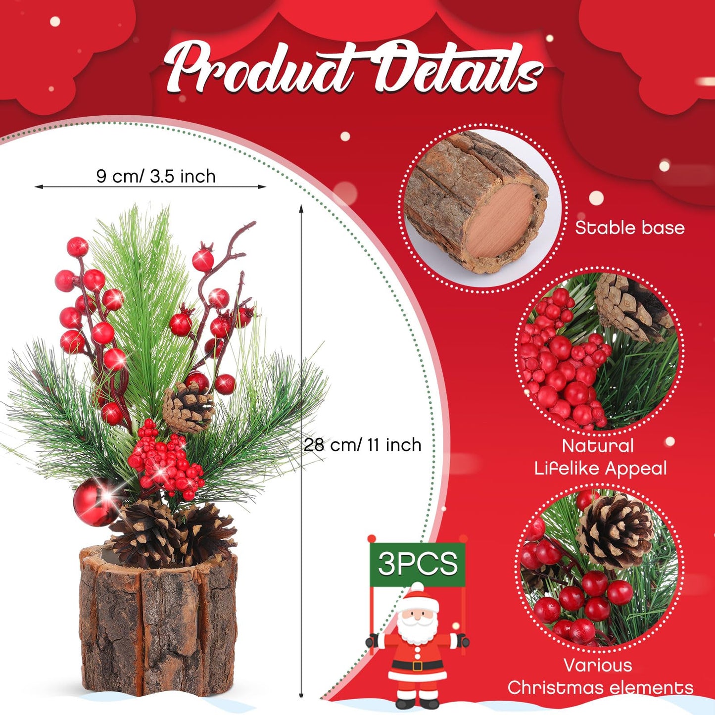 Solsew 3 Pcs 11 Inch Tabletop Christmas Tree Decorations with Christmas Ornaments Pine Cone Berry Bookshelf Decor for Holiday Room Party Winter Home Indoor Outdoor (Classic)