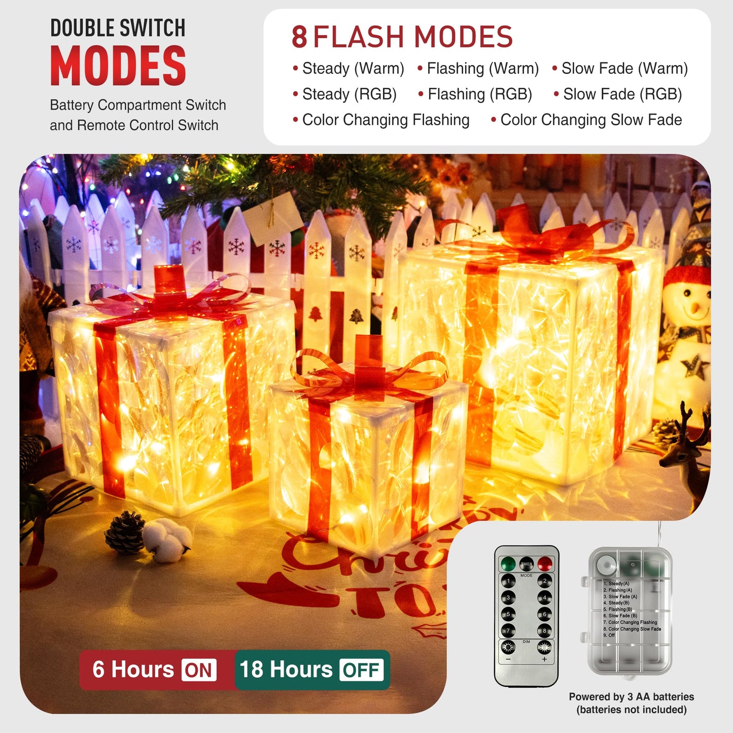 Set of 3 Christmas Lighted Gift Boxes with 50 LEDs,Outdoor Christmas Decorations,8 Modes RGBW Lights,Battery Operated Light Up Present Boxes for Christmas Trees Indoor Outdoor Home Yard Lawn Decor