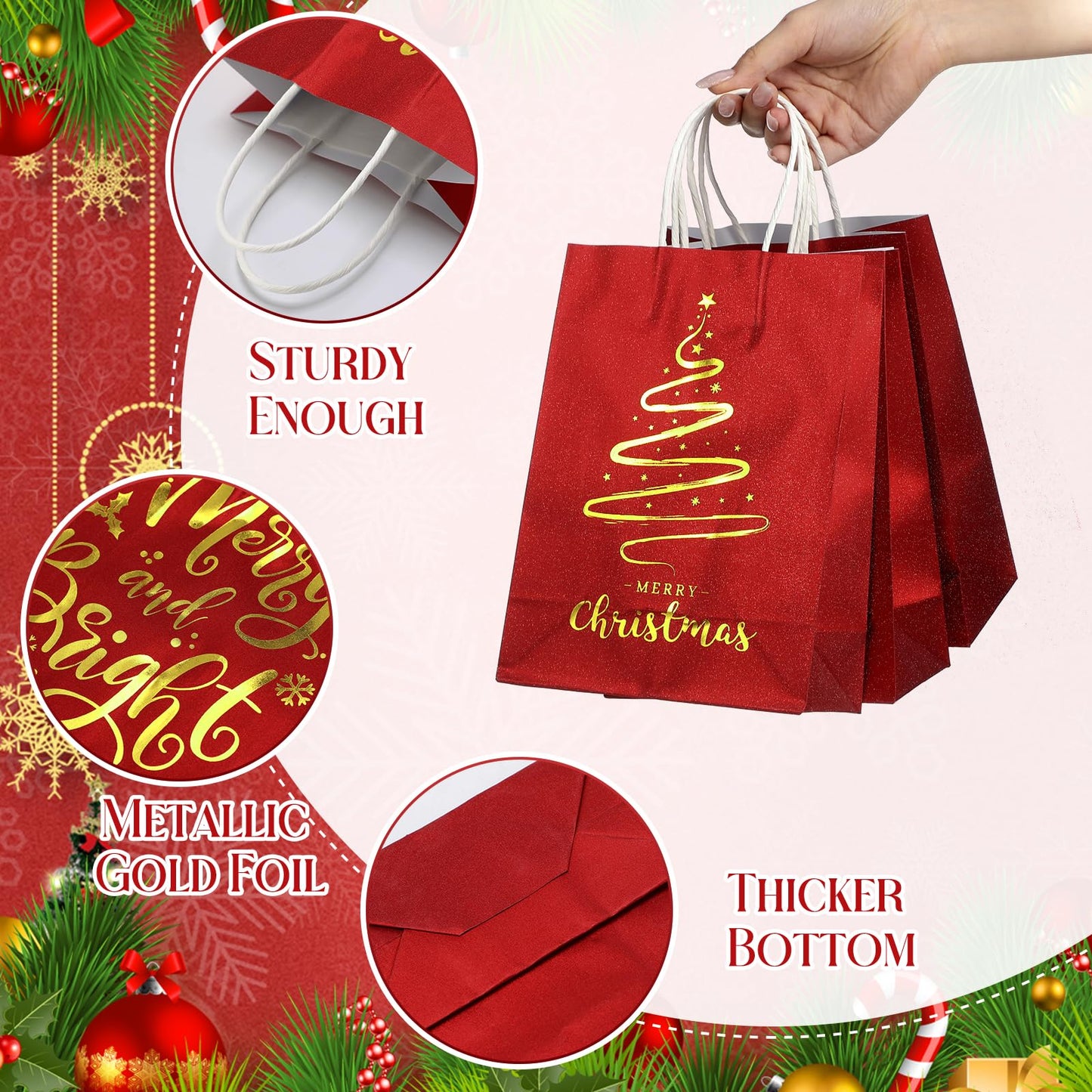 Ragnhild 48 Pcs Christmas Gift Bags, Red Glitter Christmas Bags for Gifts with Tissue Paper, 6 Styles Red and Gold Foil Paper Goodie Bag with Handles, Bulk Xmas Holiday Reusable Party Favor Treat Bag