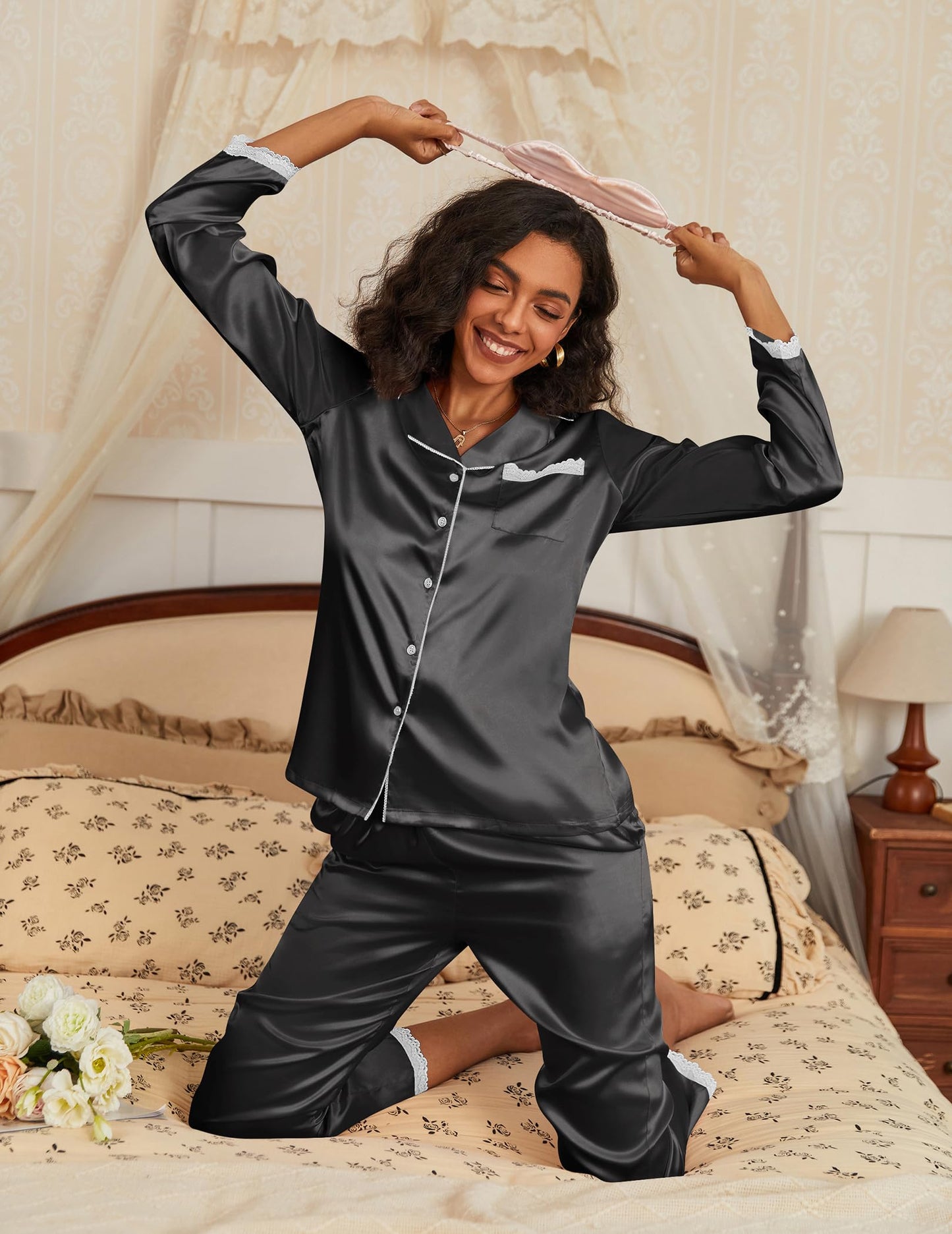 Ekouaer Satin Pajamas for Women Silk Long Sleeve Sleepwear Button Down Loungewear 2 Pieces Lace Soft Pjs Set