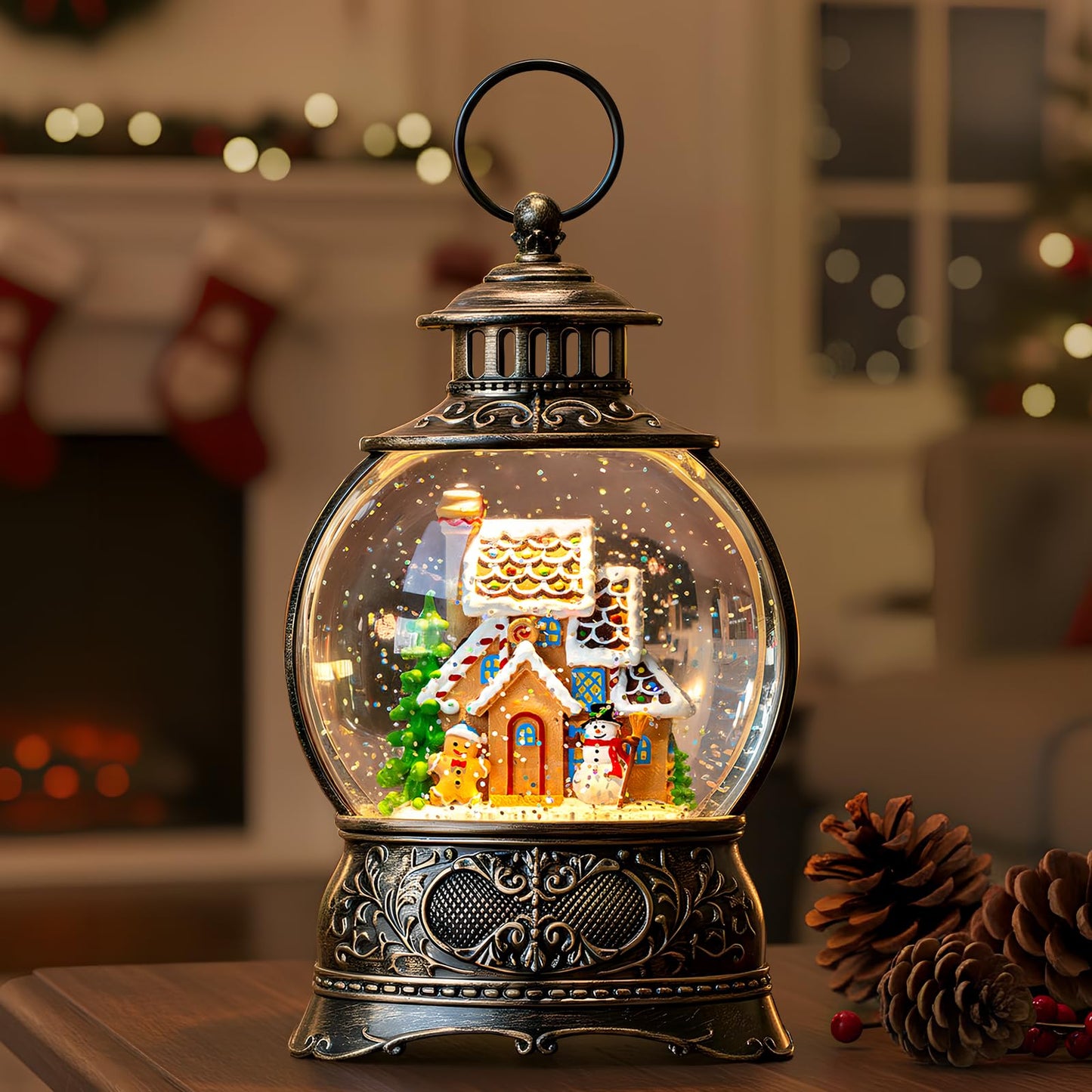 Christmas Snow Globe Lighted Gingerbread House Scene, Musical Snow Water Lantern Swirling Glittering Home Decoration and Gift, Battery Operated or USB Powered