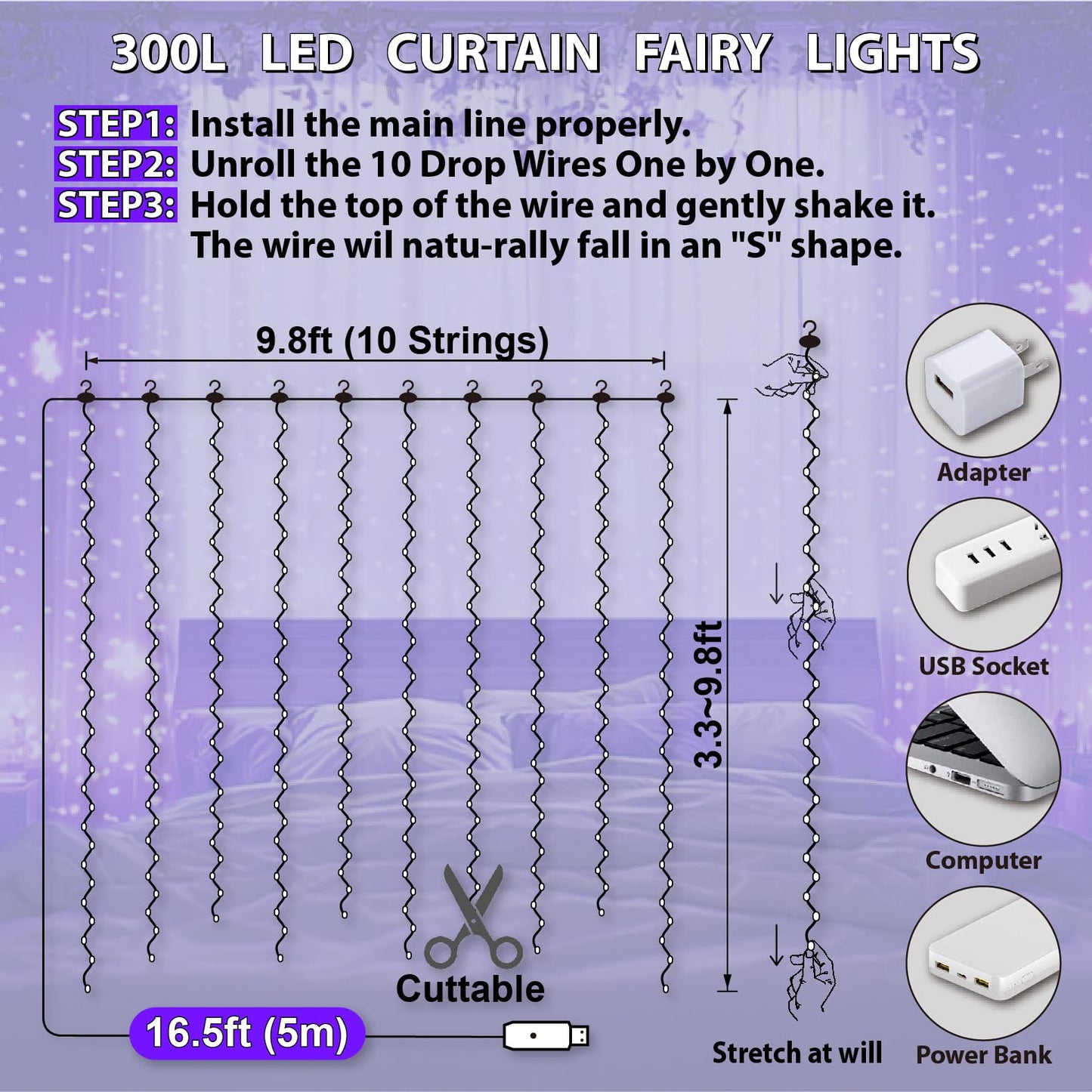 HXWEIYE 300LED Fairy Curtain Lights, 9.8x9.8Ft USB Plug-in 8 Modes Christmas String Hanging Lights with Remote for Bedroom Backdrop Wedding Indoor Wall Decor, Purple, Standard – 1 Pack
