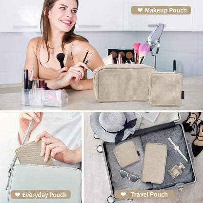 Makeup Bag, MAGEFY 2 Pcs Small Makeup Bag for Handbag Corduroy Pouch with Compartments Travel Makeup Cosmetic Bag for Women (Beige)
