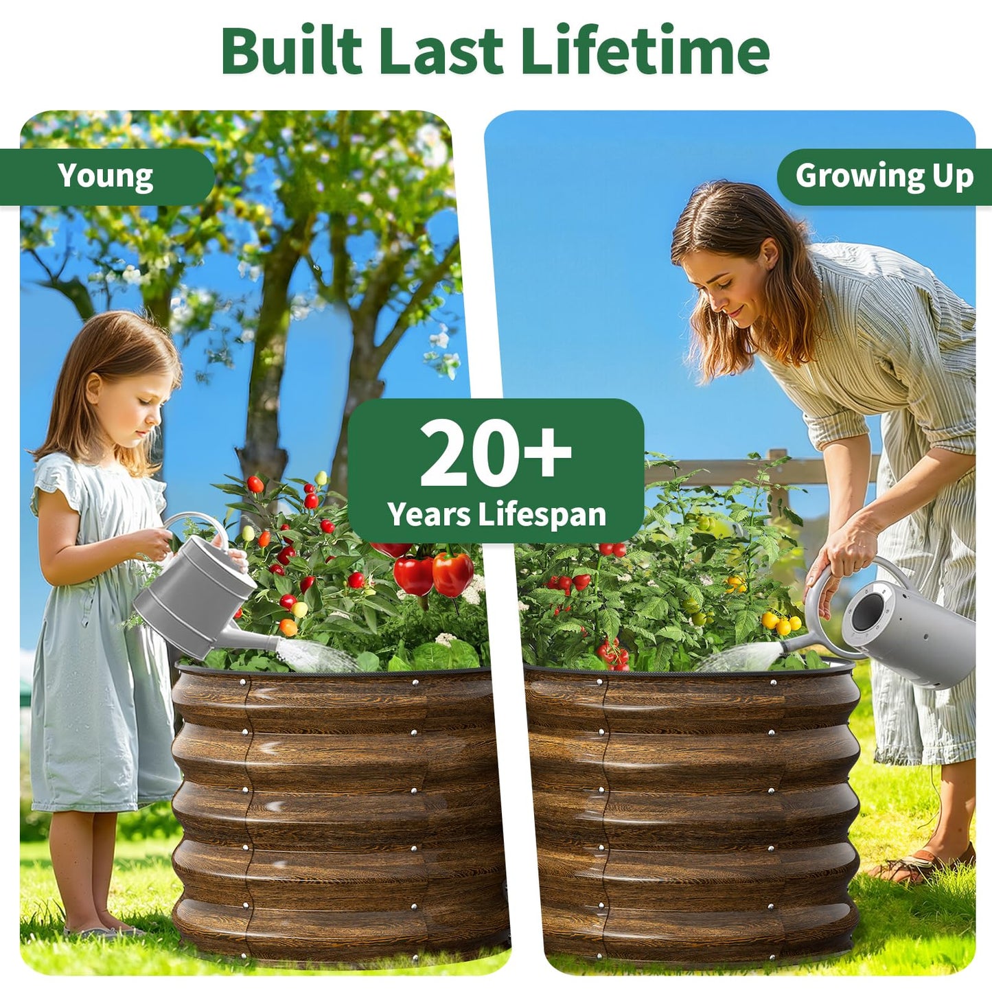 Kesfitt Round Metal Raised Garden Bed, 2x2x1.5 FT, 18-Inch Deep Galvanized Steel Garden Bed with Open Bottom for Outdoor Vegetables & Herbs, Walnut Finish, 2 Pack
