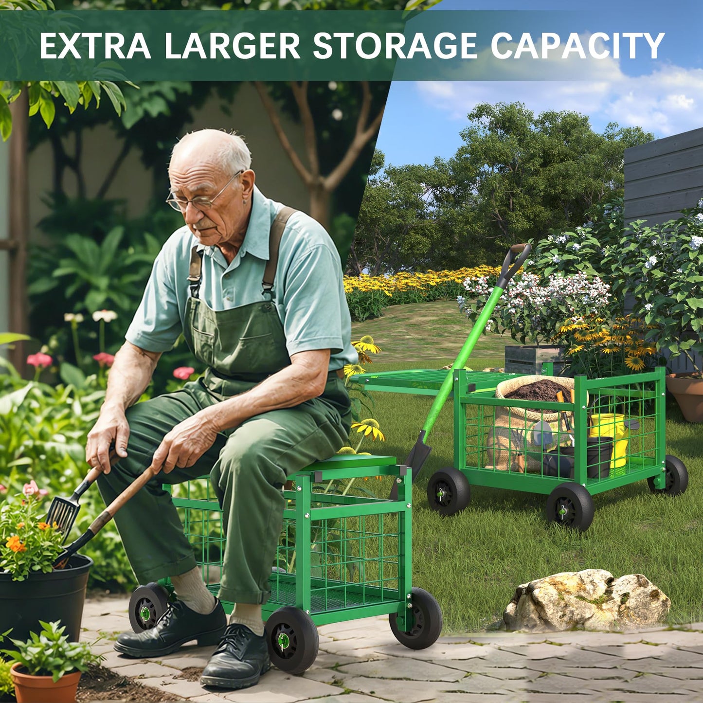 FLINTER Rolling Garden Work Seat with Wheels, Upgraded Heavy Duty Gardenning Cart with Seat - Garden Rolling Stools w/Wheels for Seniors