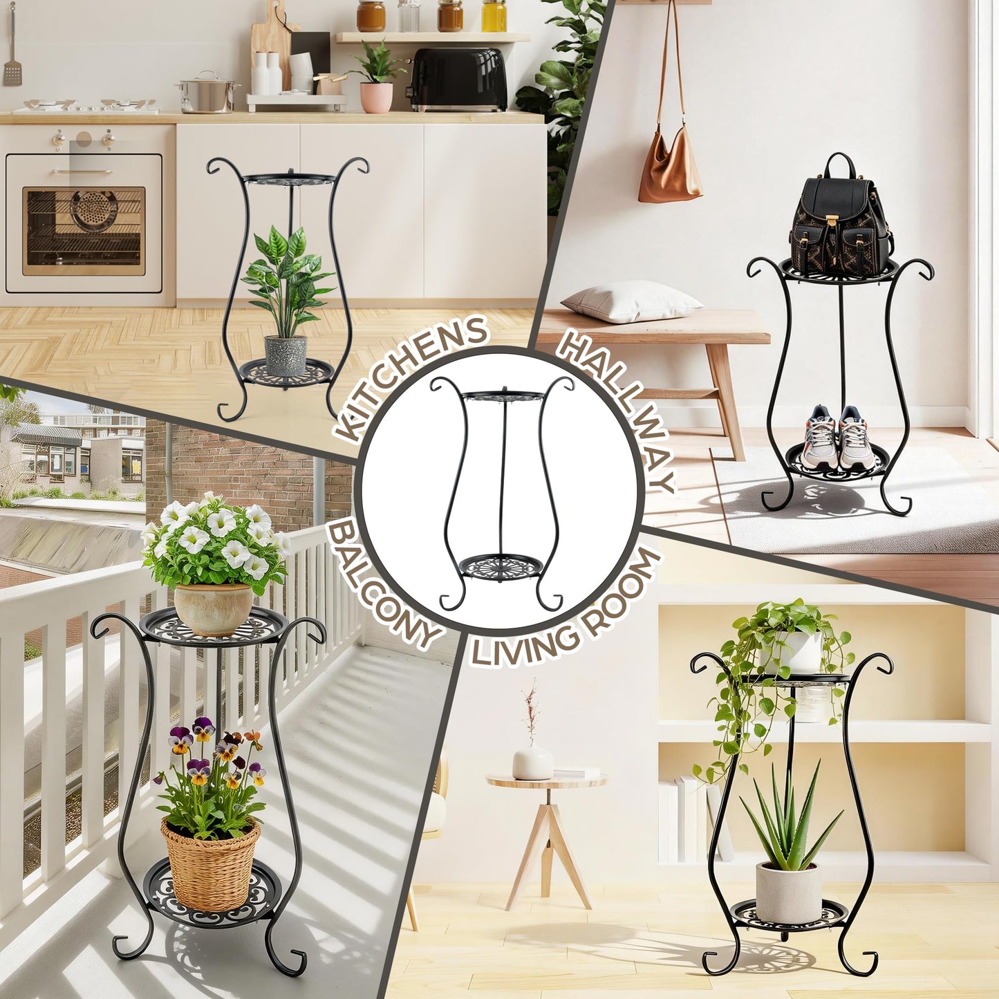 WECHARM HOME 2-Tier Heavy Duty Metal Plant Stand | Round Indoor Outdoor Potted Plant Holder, Black Corner Display Shelf