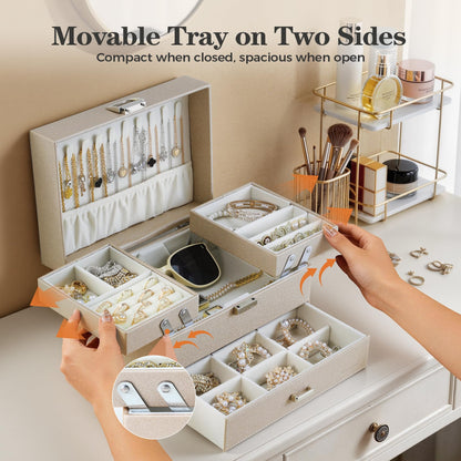 Dajasan Jewelry Organizer Box, Large Jewelry Boxes for Women Girls, Space-Saving 3 Layers Jewelry Storage Case with Drawer, Movable Metal Stand, Modern, Gift Idea (Champagne)