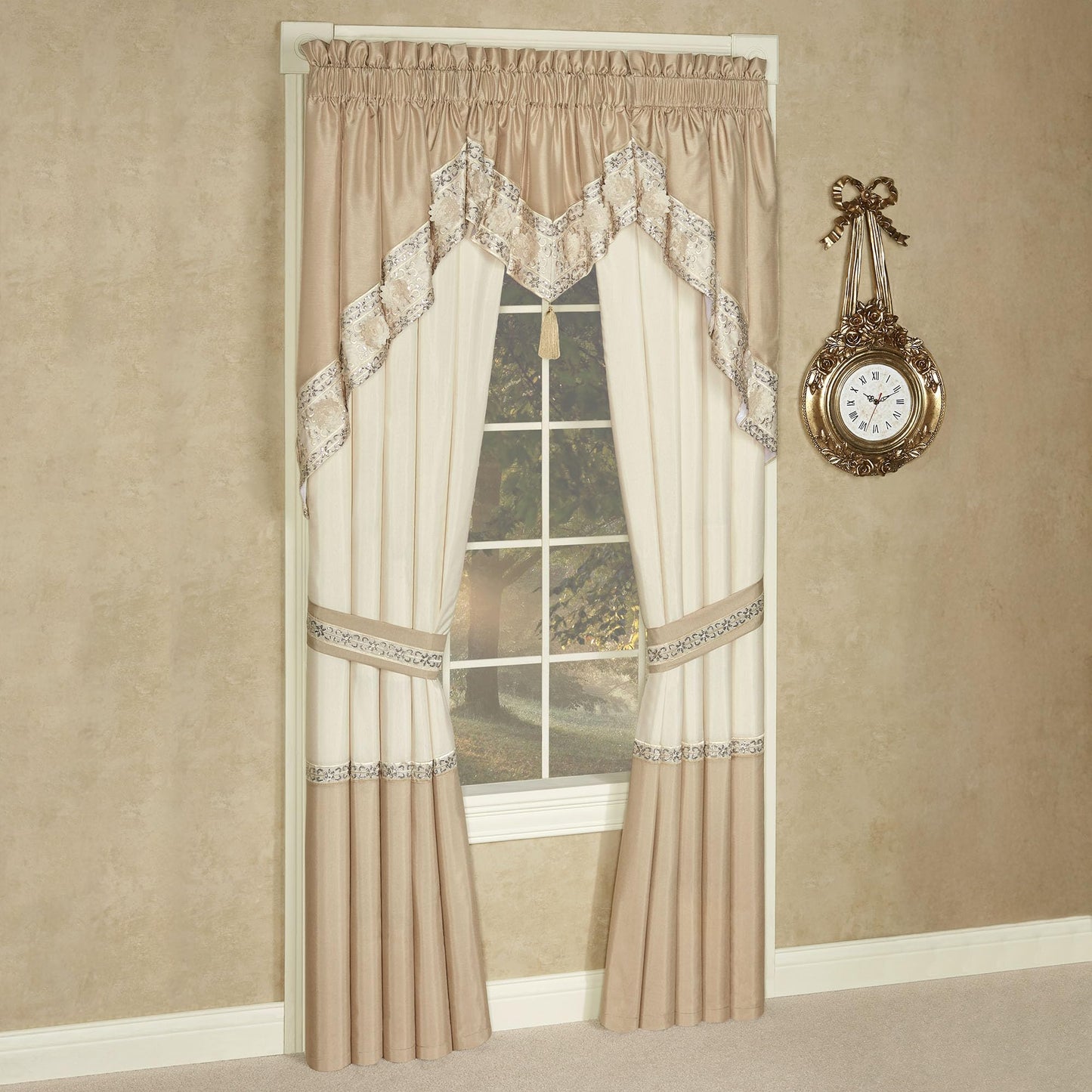 Luxury Elegante Sophisticated Polyester Faux Silk Window Treatment | Light Cream Ivory Metallic Gold | Sequins Embroidery Floral | 3 Piece Set with Ascot Valance and Swag Pair and 96L Curtain Pair