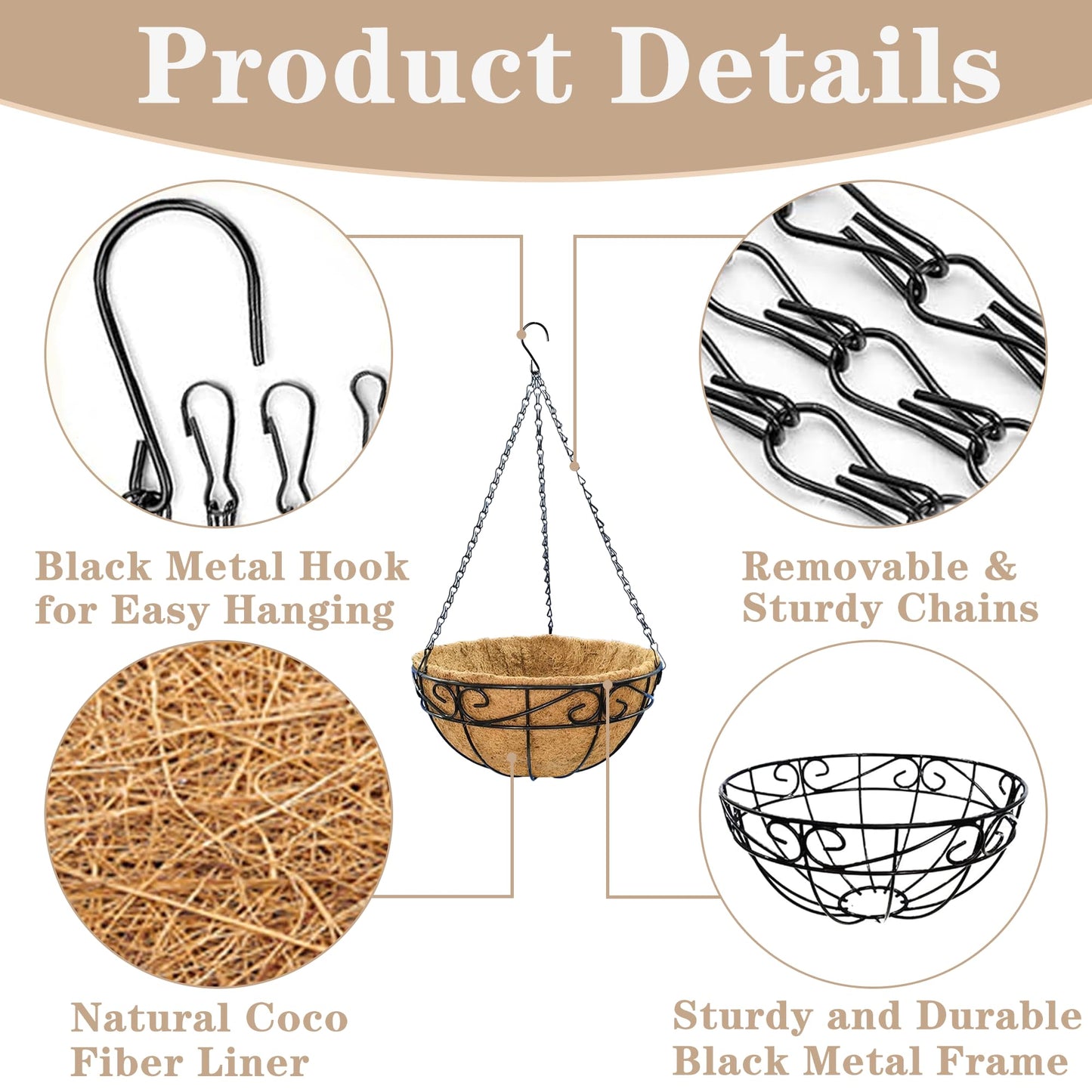 EIMQUVW Outdoor Metal Hanging Planters Basket (2pack, 12 inch) Hanging Baskets for Plants Chain Round Wire Plant Holder with Coco Fiber Liners for Garden, Patio, Deck, Porch(Flower Border)