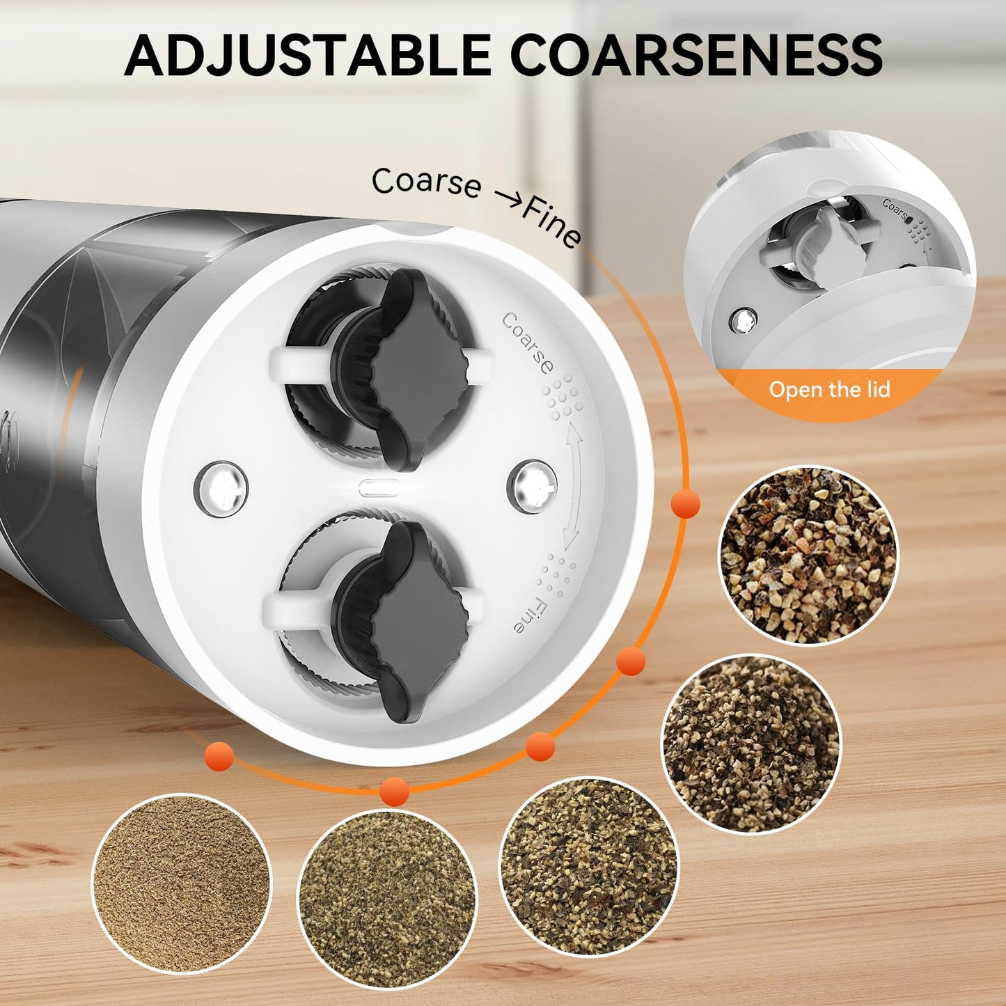 HeatBay 2 in 1 Electric Salt and Pepper Grinder Set, USB Rechargeable, Automatic Salt and Pepper Mill Shakers with Battery Display, LED Light, Adjustable Coarseness(White)