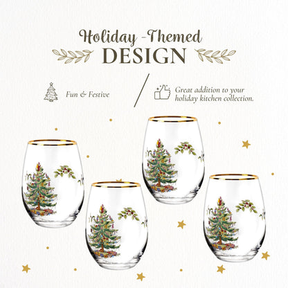 Spode Christmas Tree 19oz Stemless Wine Glasses, Set of 4 - Vintage-Inspired Holiday Drinkware with Cozy Seasonal Charm, Ideal for Mulled Wine at Festive Gatherings & Holiday Entertaining