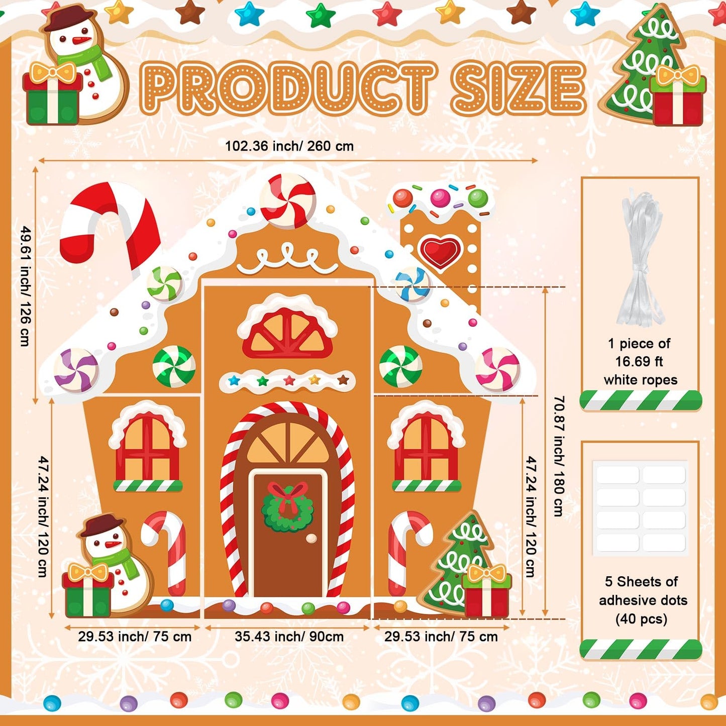 WovWeave 4 Pcs Christmas Gingerbread House Door Decorations Candy Cane Wreath Snowman Christmas Tree Gingerbread House Porch Banners for Holiday Classroom School Office Wall Display(Brown)