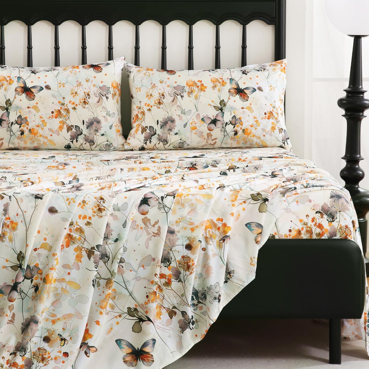 CozySmile Floral Printed Sheet Set King Size 4 Piece,Soft & Breathable Deep Pocket 16" Cooling Wrinkle Free Comforter Bed Set Botanical Pattern Sheets (King, Butterflies Dancing)