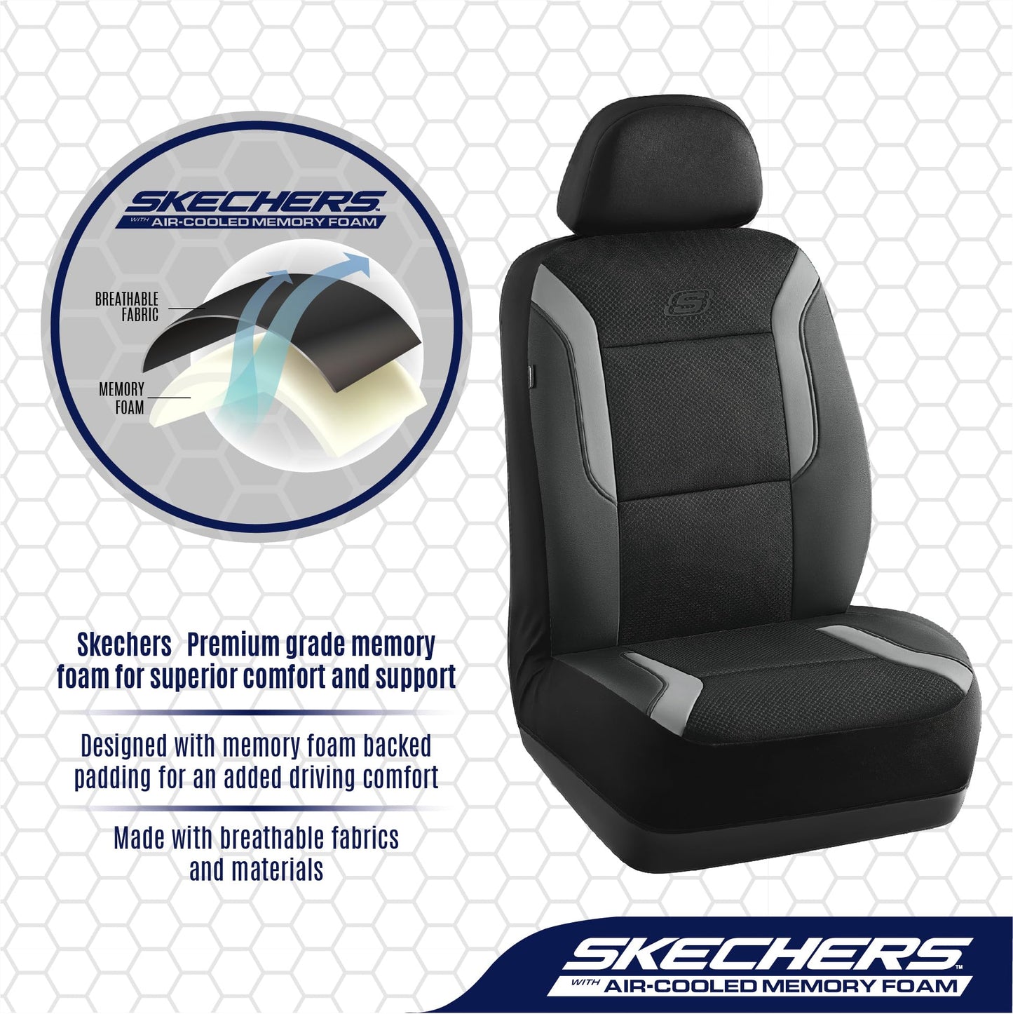 Skechers Memory Foam Car Seat Covers, Air Cool Mesh Thick Seat Covers, Gray Two Front Car Seat Protector, Airbag Compatible, Automotive Comfort & Protection for Most Cars, Van,Trucks, SUV,Grey