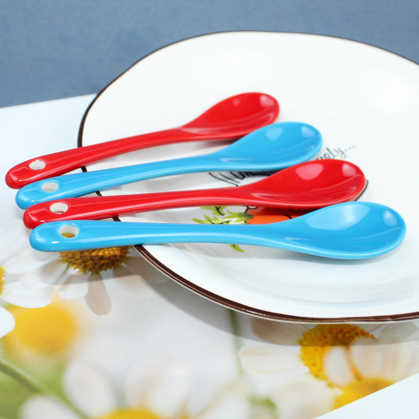 PTORIZNY Demitasse Espresso Spoons, 4pcs Small Coffee Spoons Set, 5 inch Mini Ceramic Teaspoon, Glass Spoon, Porcelain Spoon for Dessert Coffee Tea Yogurt Sauce Sugar Salt and Appetizer (Red and Blue)