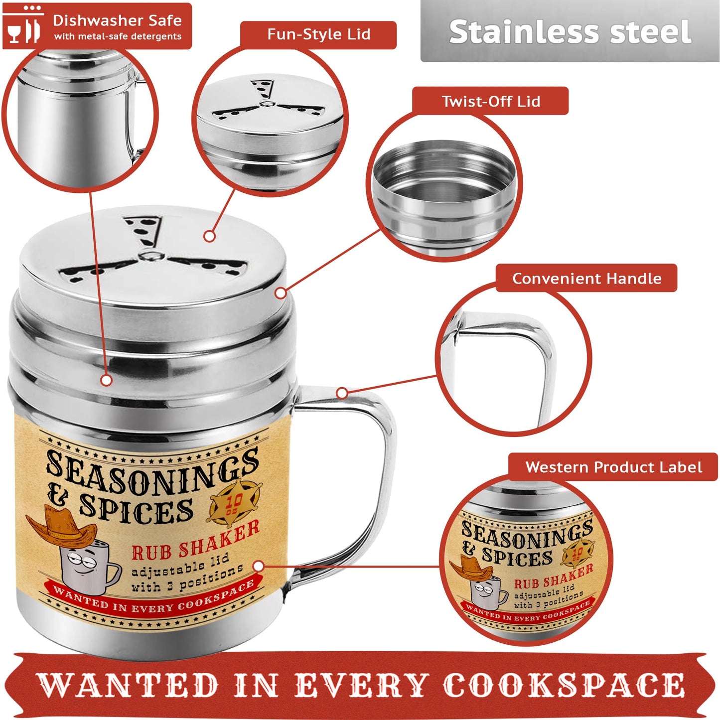 CUSINIUM [Pack of 4] 10 oz Seasonings Spice Shakers - BBQ Dry Rub Shakers - Cooking Dredge with Adjustable Fan-Style Lid and Handles