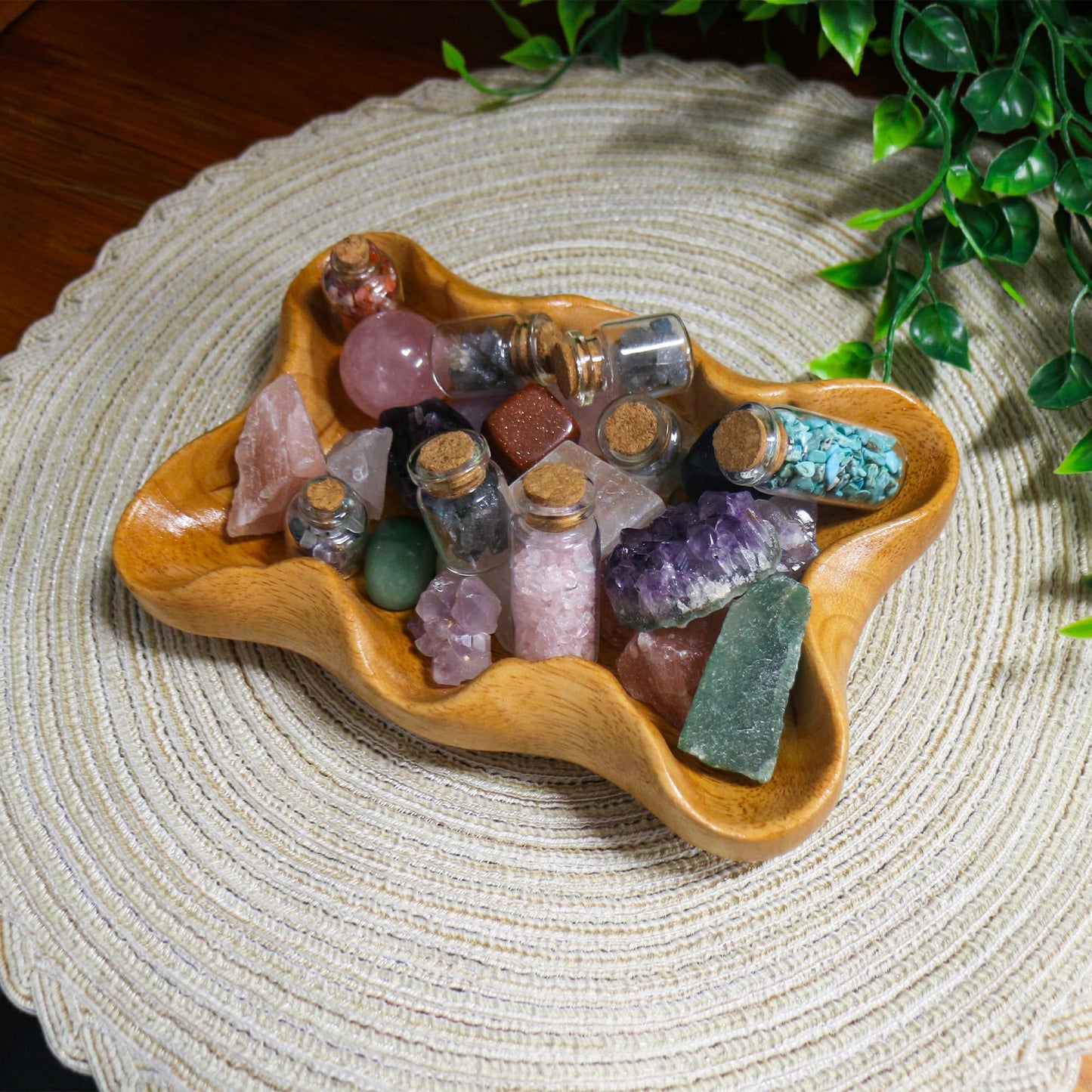 Crystal Tray for Rocks, Gems, and Healing Stones, Wooden Decorative Display Holder, Altar Offering Plate, Zen Decor Tray for Essential Oils