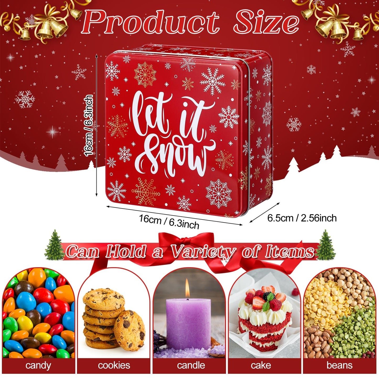 Tandefio 6 Pcs Christmas Cookie Tins with Lids for Gift Giving, 6.3 x 6.3 In Square Metal Holiday Empty Boxes Xmas Storage Containers for Storing Candy Cookie Biscuits Goody Treat Gifts (Red)