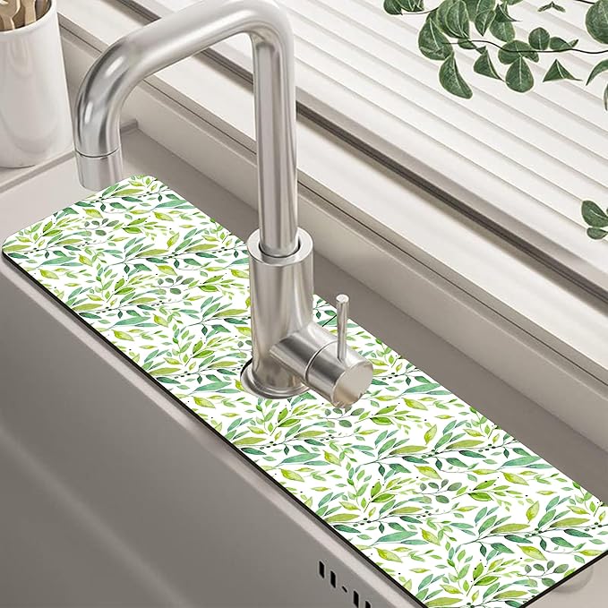 Tropical Eucalyptus Leaves Kitchen Sink Splash Guard Mat Absorbent Fast Drying
