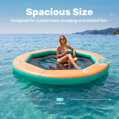 SLOOSH 8FT Inflatable Water Hammock Floating Dock, Sunchill Float Ring with Wood Grain & Mesh Design, Round Floating Dock Platform with Removable Cup Holders for Lake, River, or Boat Party
