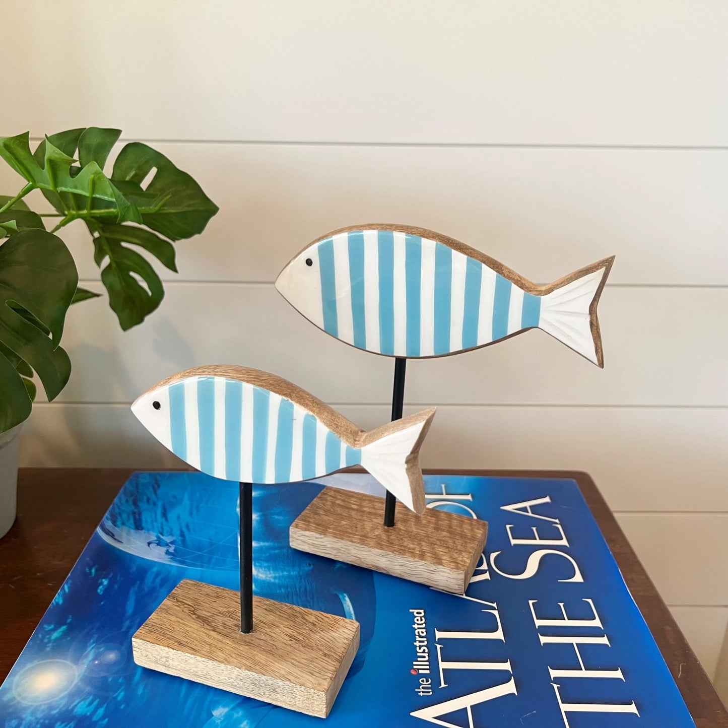 WHW Whole House Worlds Beach Chic Striped Fish Figurines, Set of 2, Glossy Blue and White, Wood, Post Mounted, Rectangle Gallery Base, 8.25 Inches