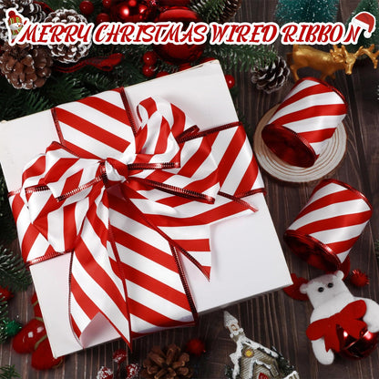 Hanaive 2 Rolls Ribbons for Christmas Tree Wired Ribbon Satin Stripes Edge Wrapping for Crafts DIY Gift Party Garden Home Garland Bows Ornament Decor(1.5 Inch x 10 Yards,Red White)