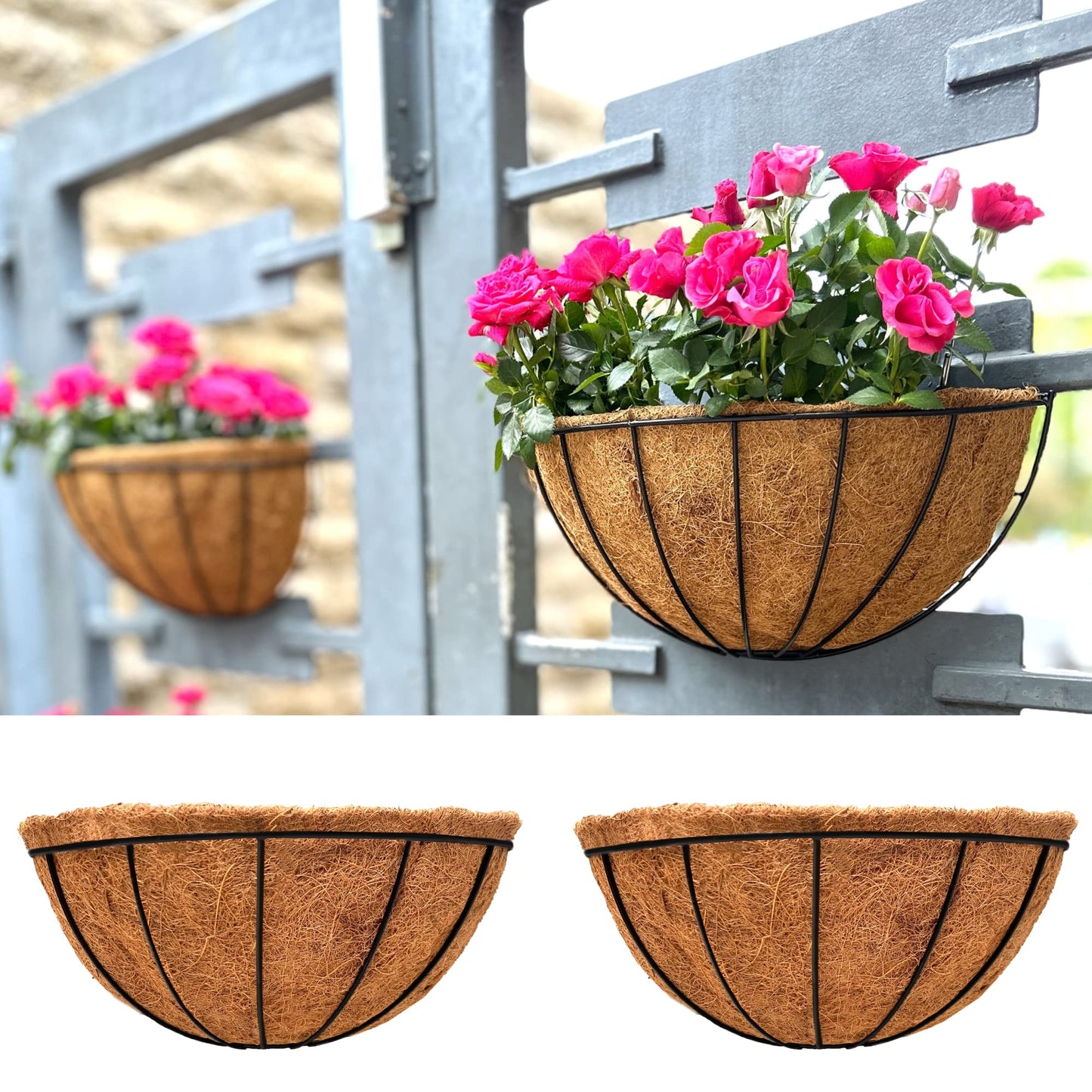LaLaGreen Wall Planters for Outdoor Plants (2 Pack, 14 Inch) Large Hanging Planter with Coco Liner, Metal Round Wire Flower Basket Outside Fence Railing Plant Pots Holder Deck Porch Balcony Decor